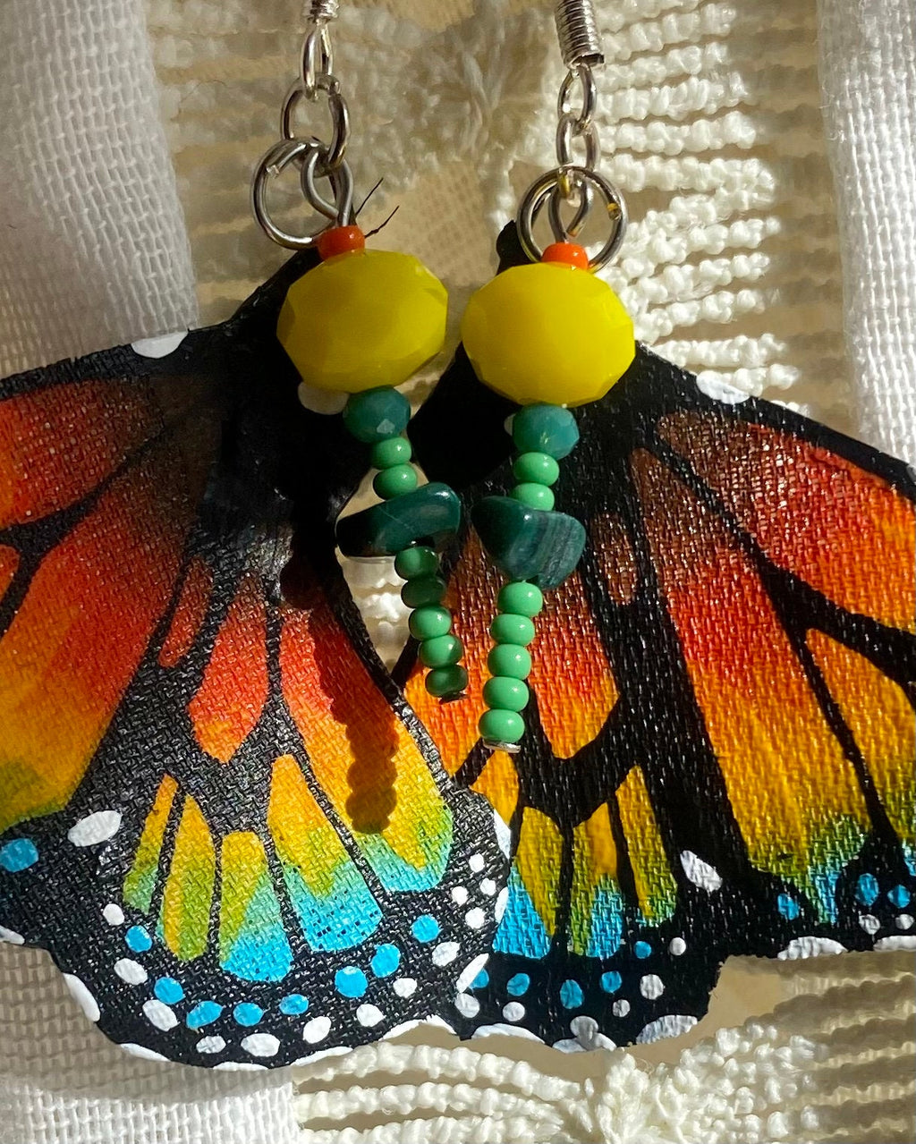 Hand Painted & Crafted Monarch Butterfly Earrings - "the Mini Sunflower wing"