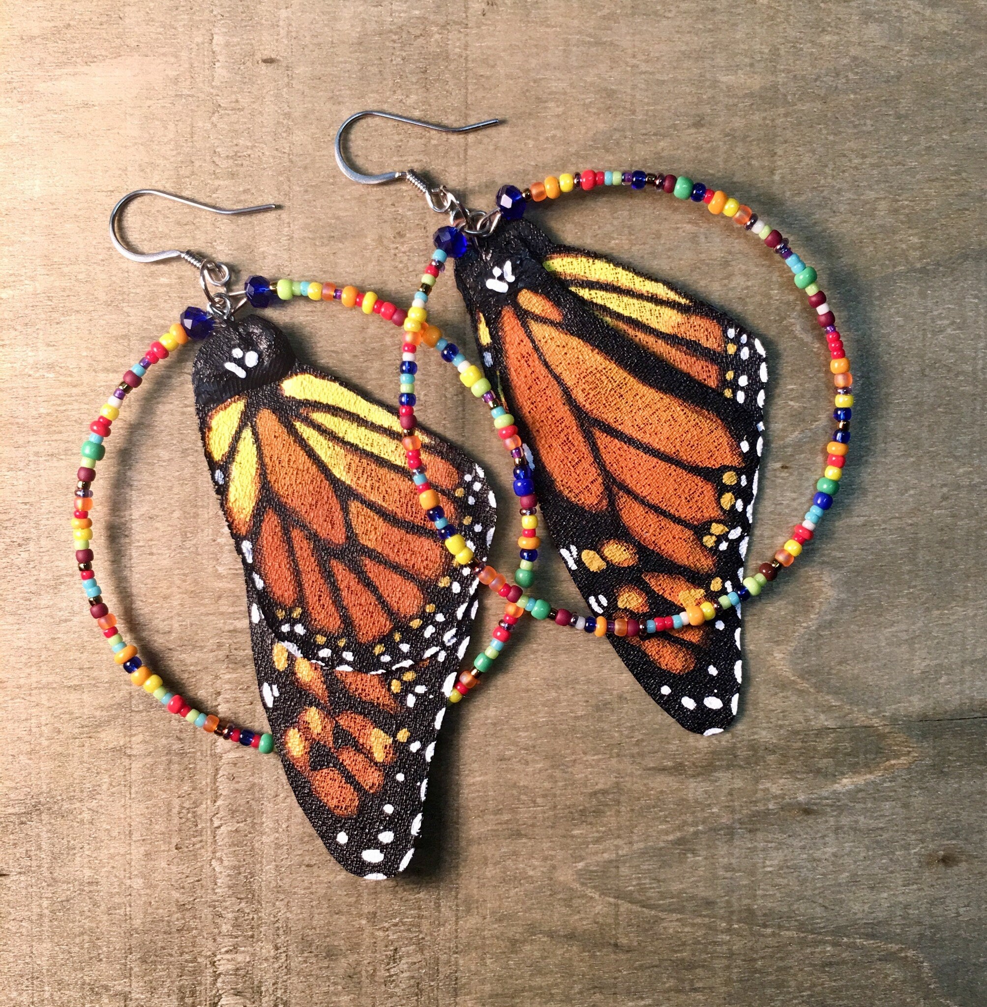 Hand Painted and Crafted Monarch Butterfly Earrings - Classic & Sophisticated with Multi- Color Beaded Hoops