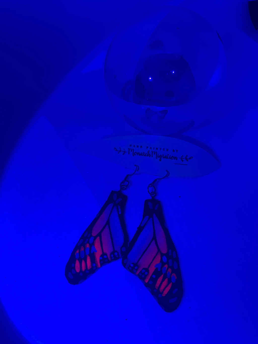 Hand Painted and Crafted Monarch Butterfly Earrings - "Classic & Sophisticated, Black light/Neon wing"