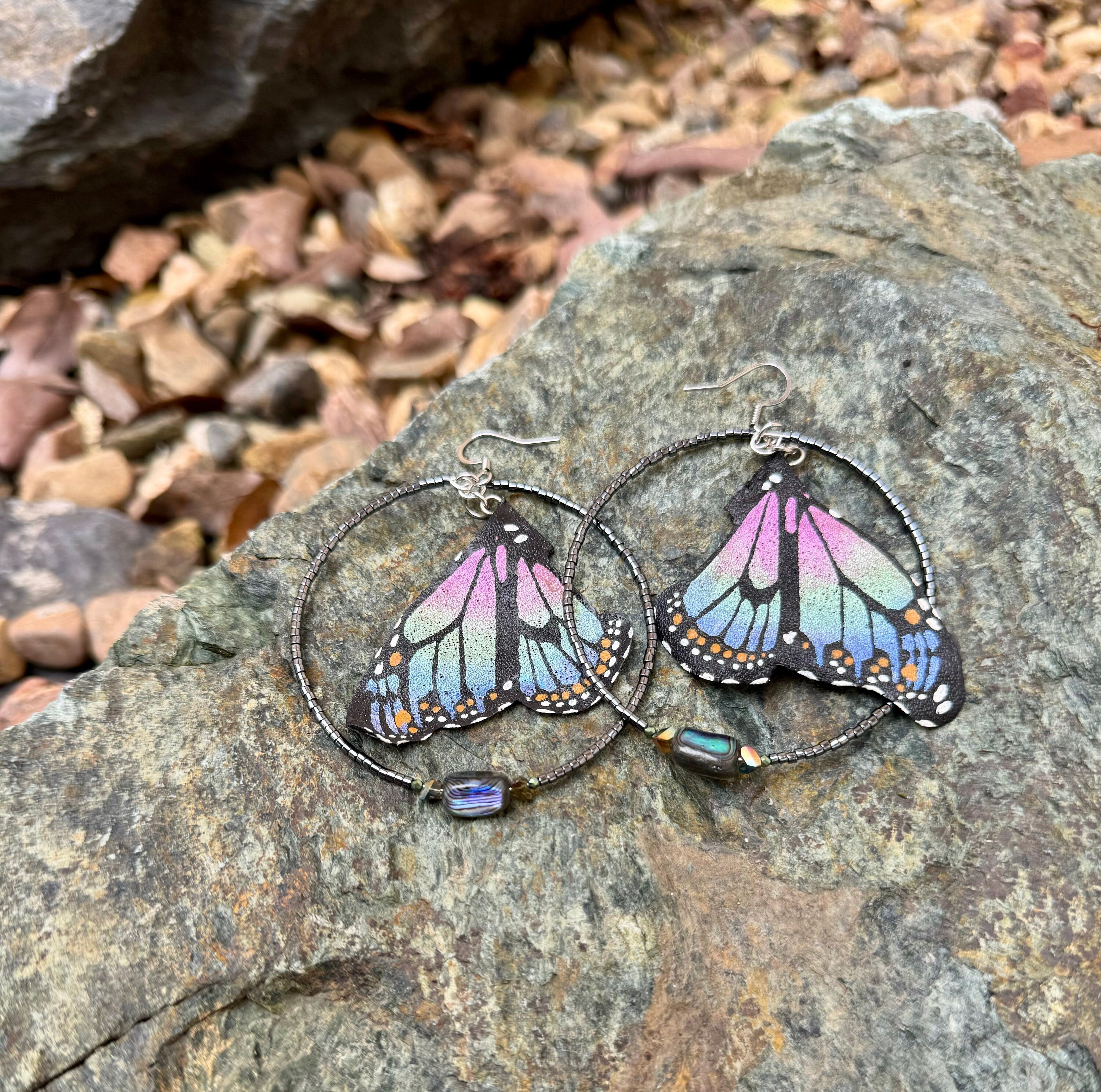 Hand Painted & Crafted Monarch Butterfly Earrings - "the Mini Abalone with Beaded Hoop and Abalone Shell"