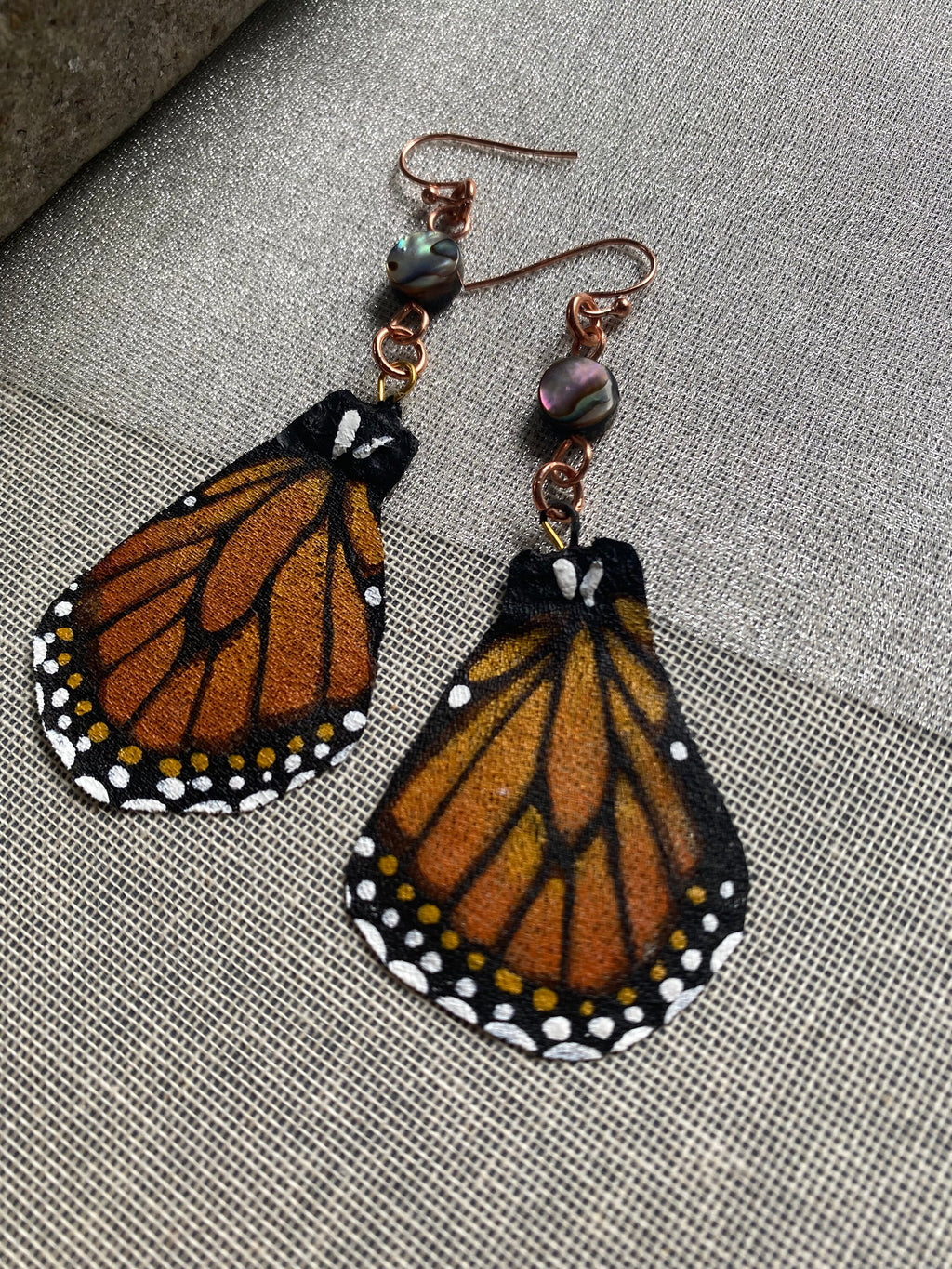 Hand Painted and Crafted Monarch Butterfly Earrings - "Classic & Sophisticated with Abalone and Copper"