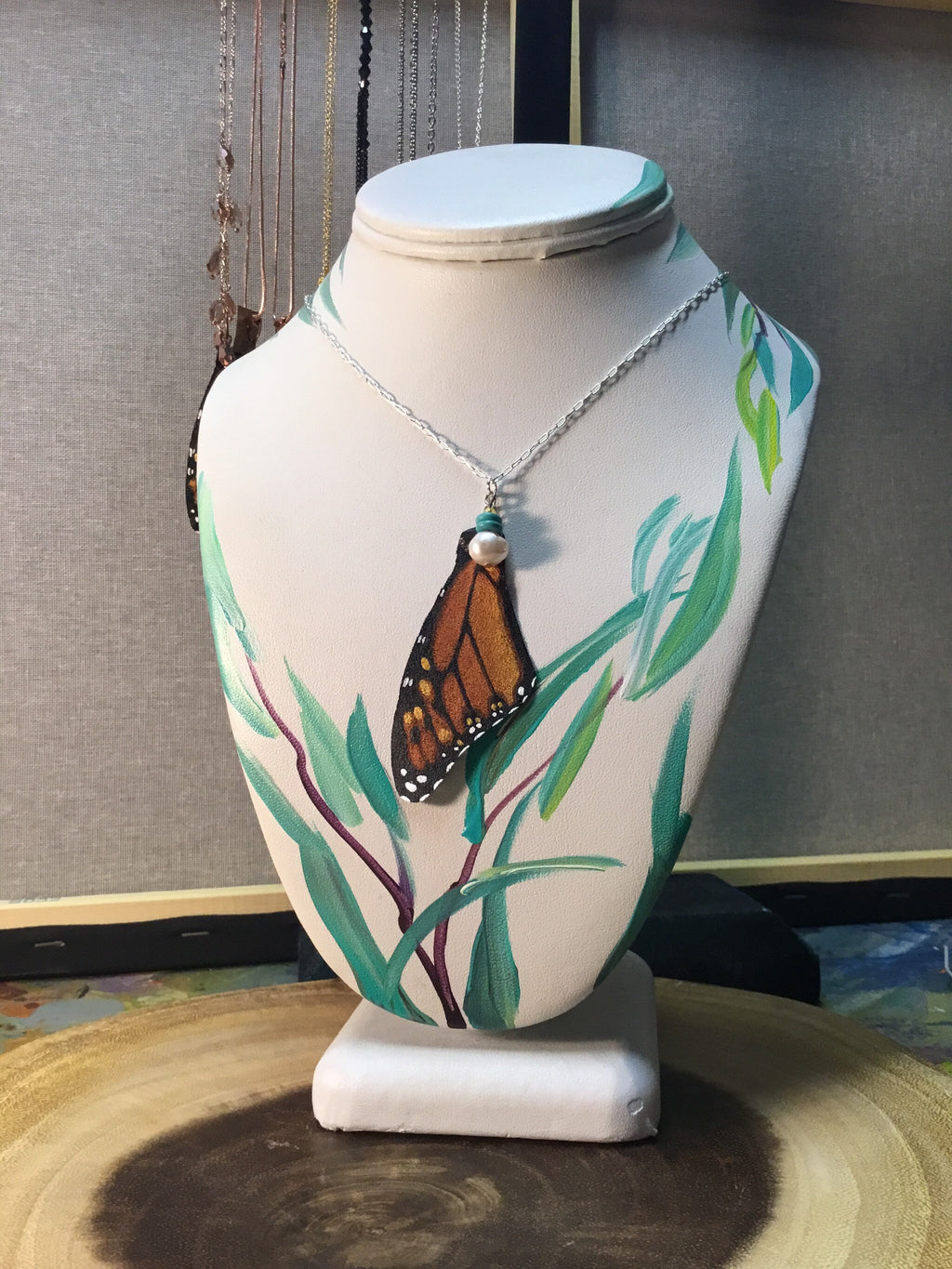 Hand Painted and Crafted Butterfly Necklace - "Monarch Wing & a Pearl