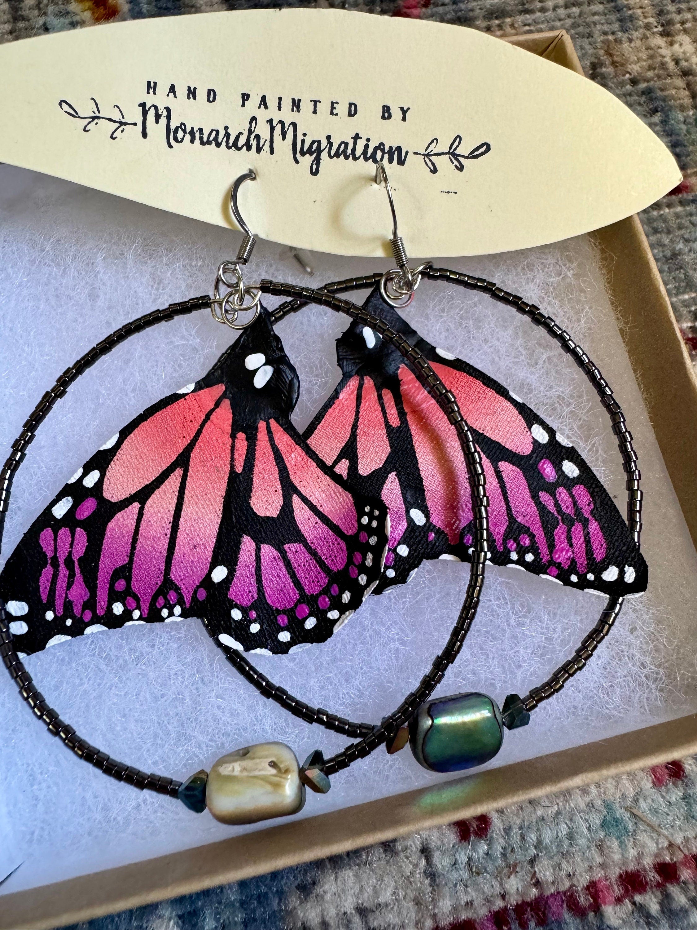 Hand Painted & Crafted Monarch Butterfly Earrings - "the Mini Isla Mujeres beaded hoop and Abalone"