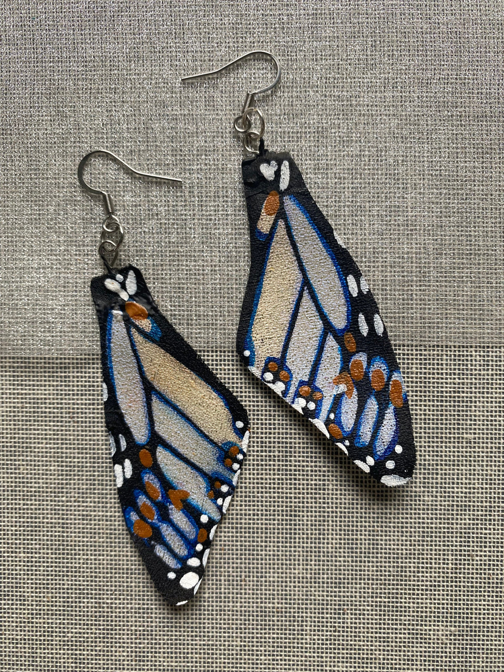 Hand Painted and Crafted Monarch Butterfly Earrings - "Classic & Sophisticated Blue/Gold Iridescent