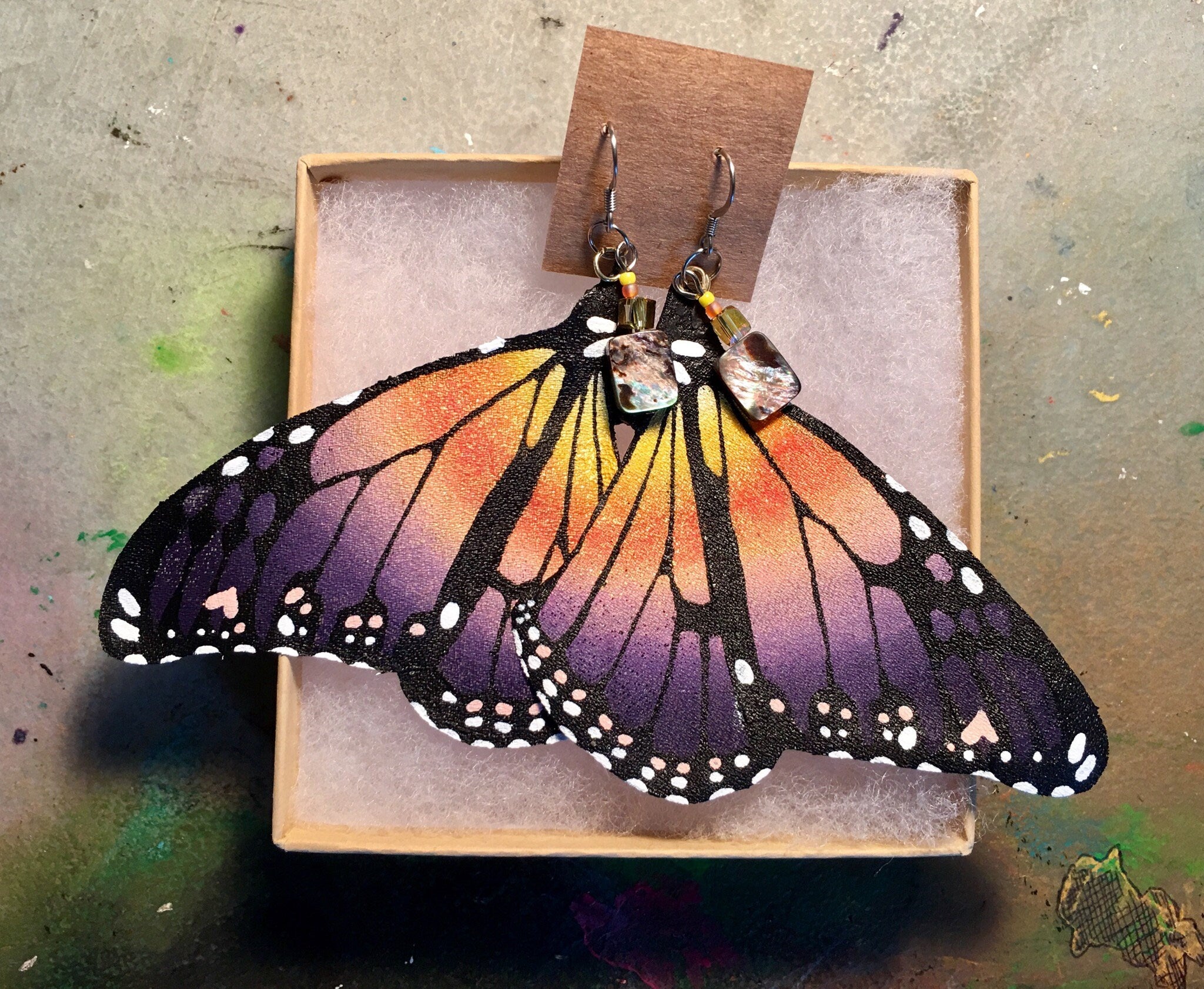 Hand Painted & Crafted Monarch Butterfly Earrings - "The Lindsay Wing ( Calm before the storm)"