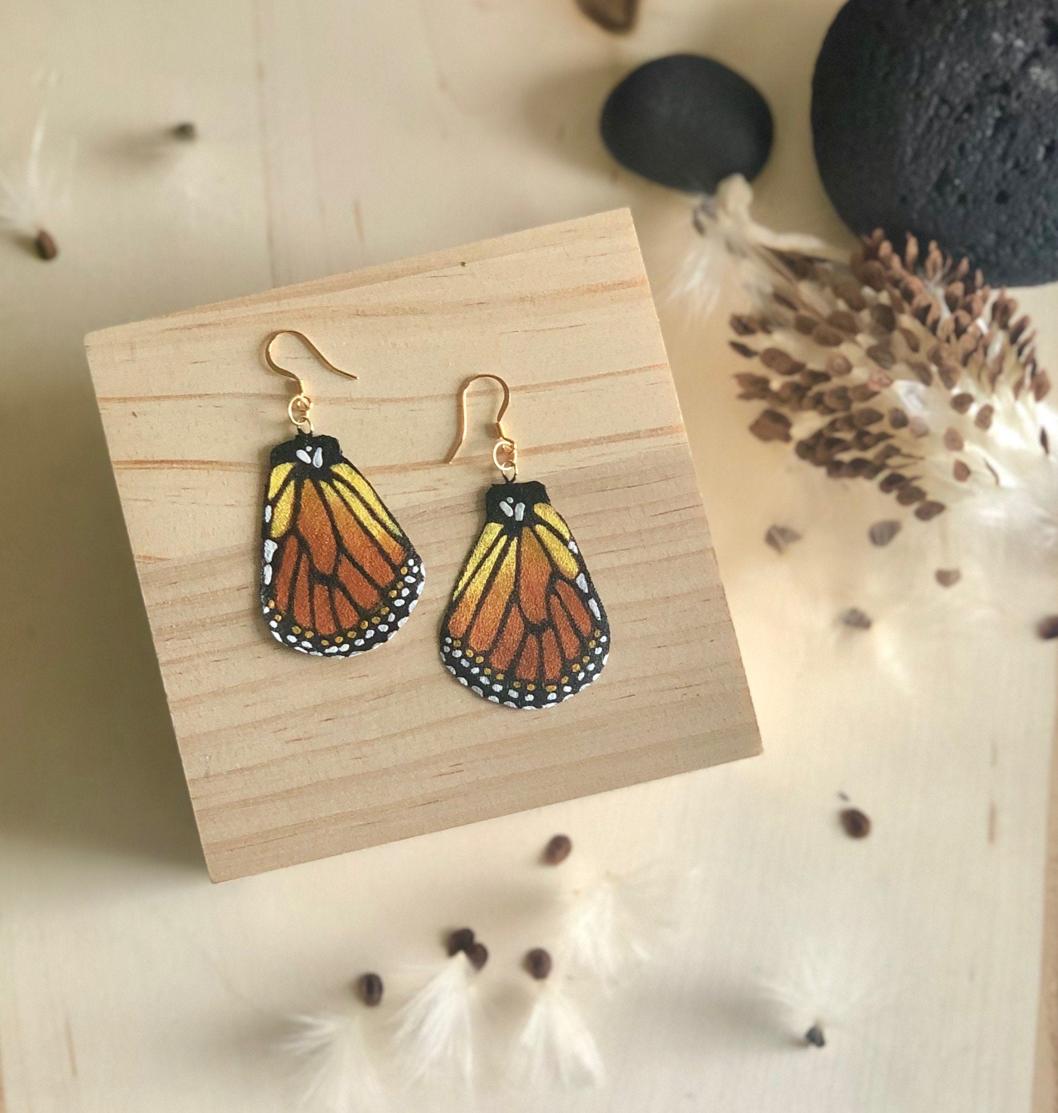 Hand Painted and Crafted Monarch Butterfly Earrings - "Classic & Sophisticated Bottom Monarch Wing"