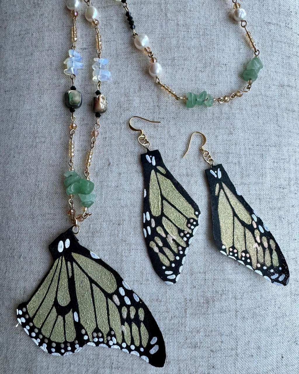 Gift Set - Necklace & Earrings .Hand Painted and Crafted Butterfly Jewelry.