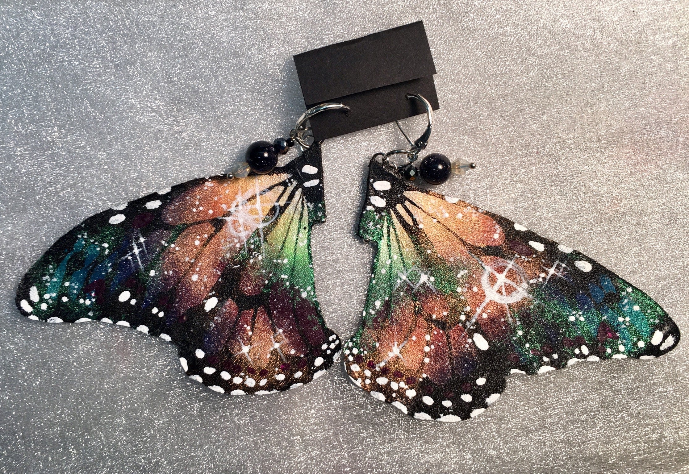 Hand Painted & Crafted Monarch Butterfly Earrings - "the Space Nebula"