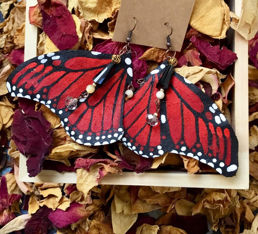 Hand Painted & Crafted Monarch Butterfly Earrings - "The Red Wing"