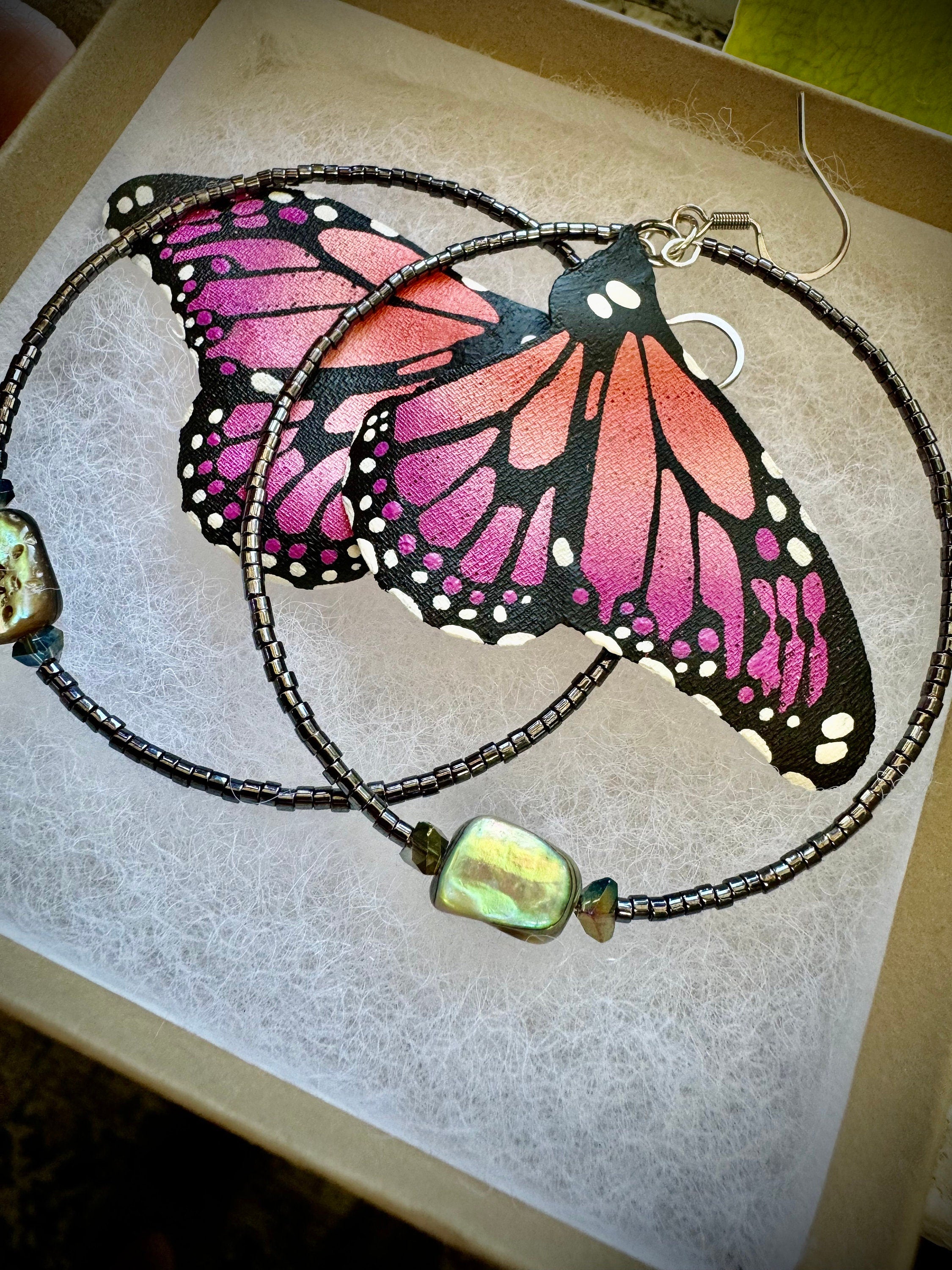 Hand Painted & Crafted Monarch Butterfly Earrings - "the Mini Isla Mujeres beaded hoop and Abalone"