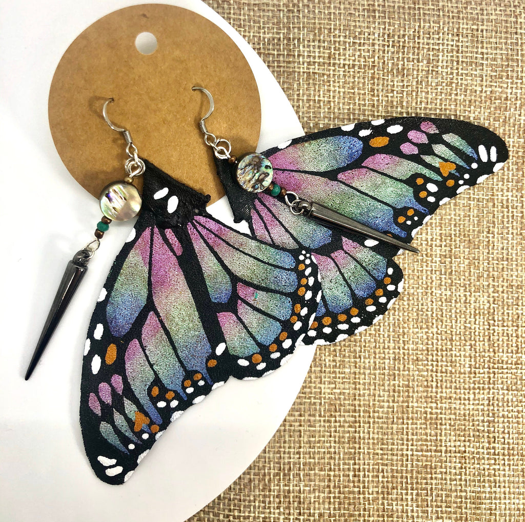 Hand Painted & Crafted Monarch Butterfly Earrings - "The Abalone wing"