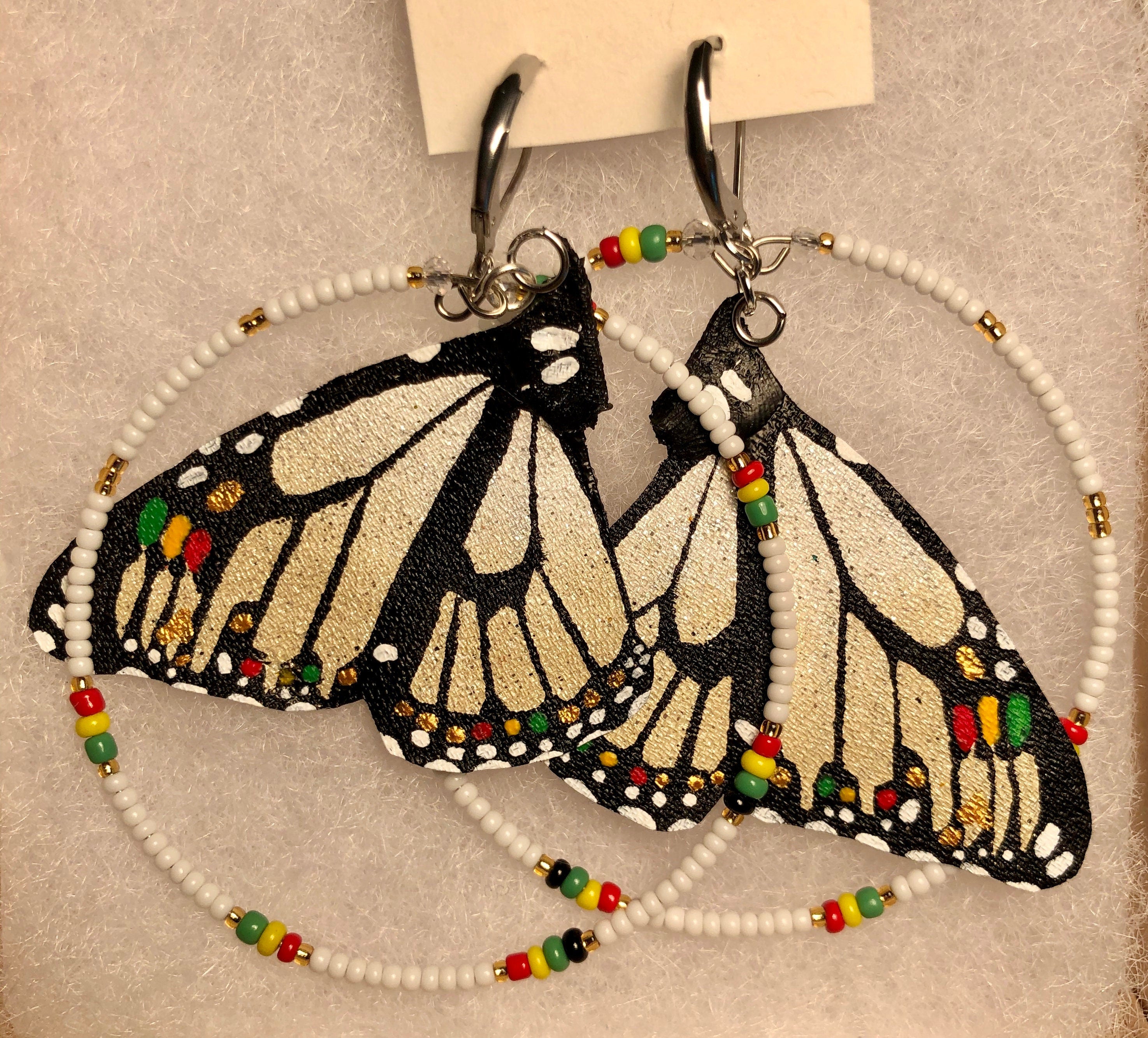Hand Painted & Crafted Monarch Butterfly Earrings - "the Mini Reggae Pearl with Beaded Hoop"