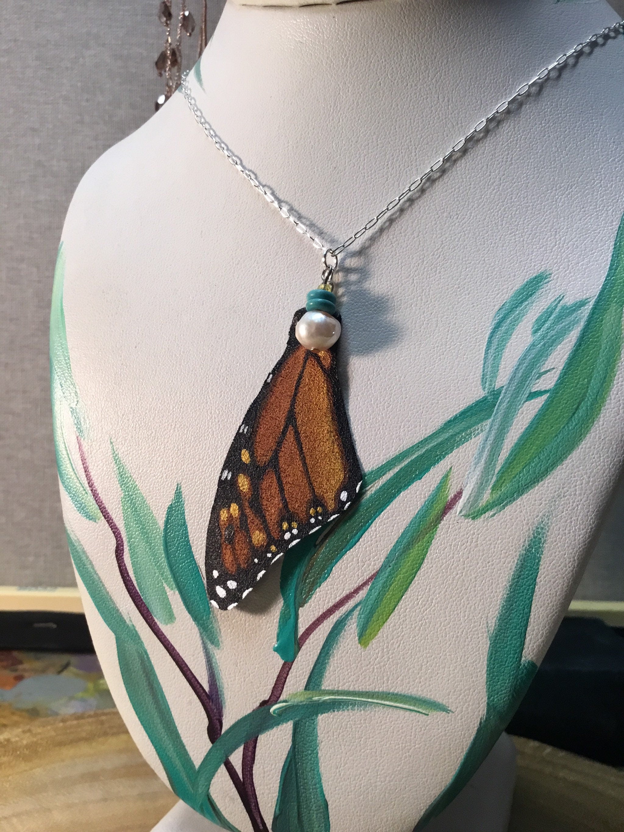 Hand Painted and Crafted Butterfly Necklace - "Monarch Wing & a Pearl