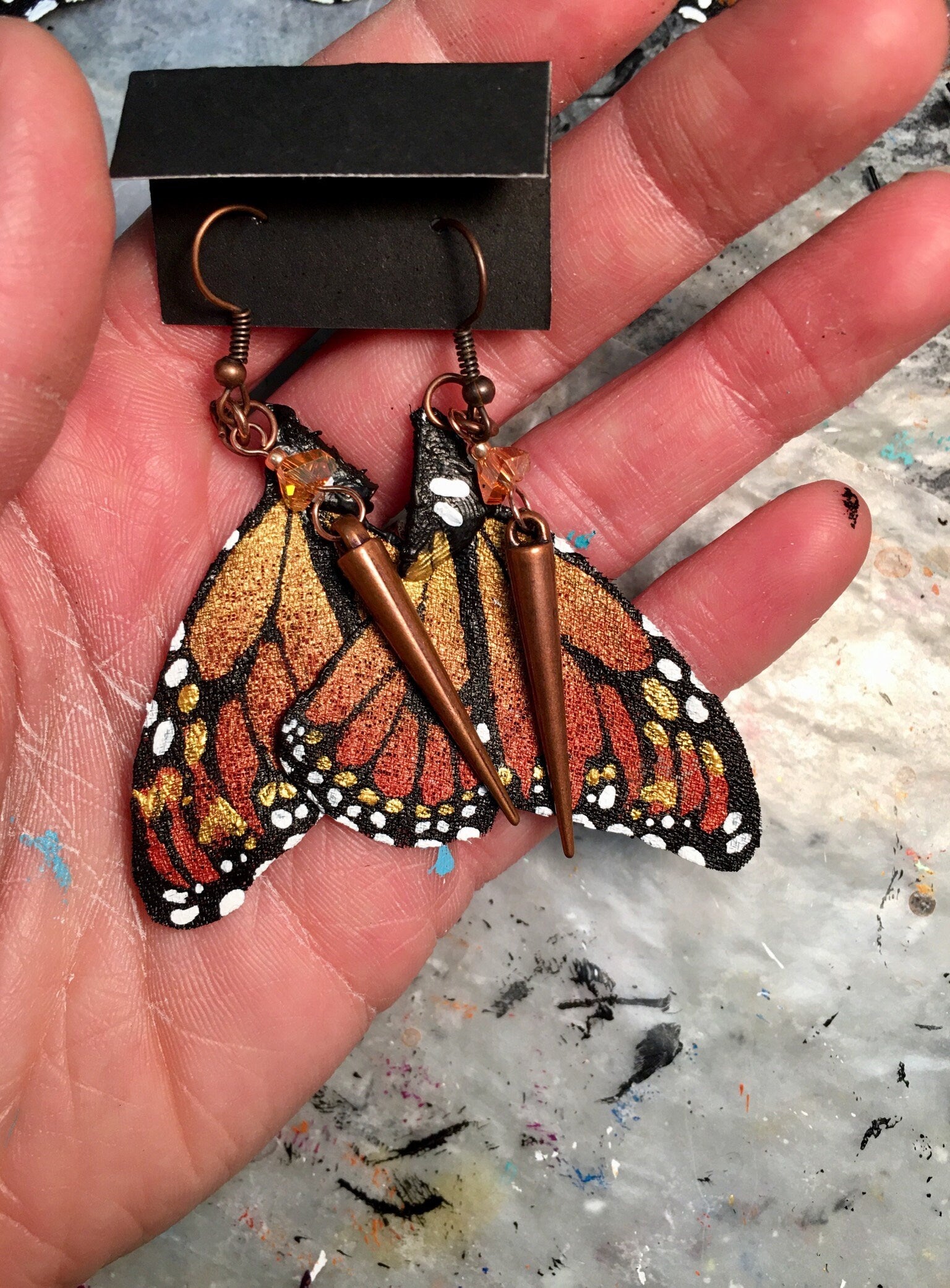 Hand Painted & Crafted Monarch Butterfly Earrings - "the Mini Copper Queen"