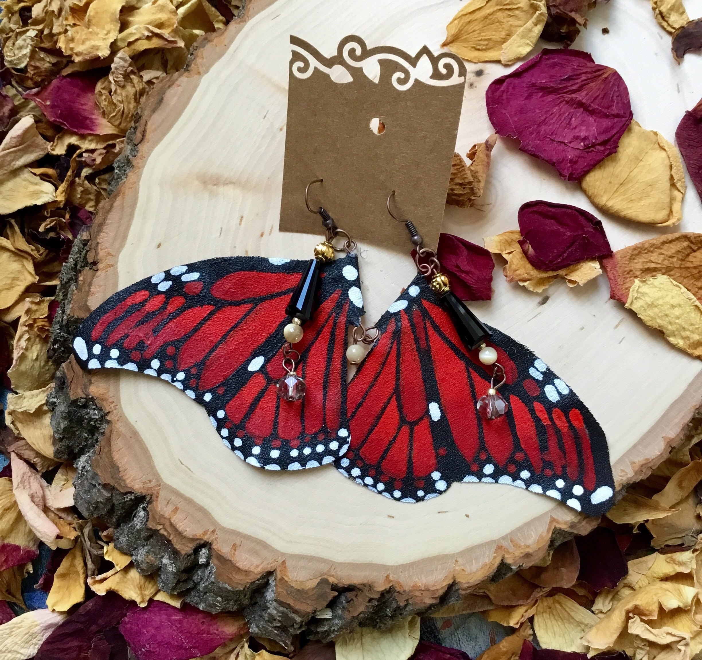 Hand Painted & Crafted Monarch Butterfly Earrings - "The Red Wing"
