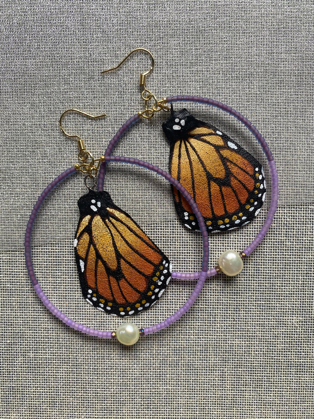 Hand Painted and Crafted Monarch Butterfly Earrings - Classic & Sophisticated beaded hoop with Pearl