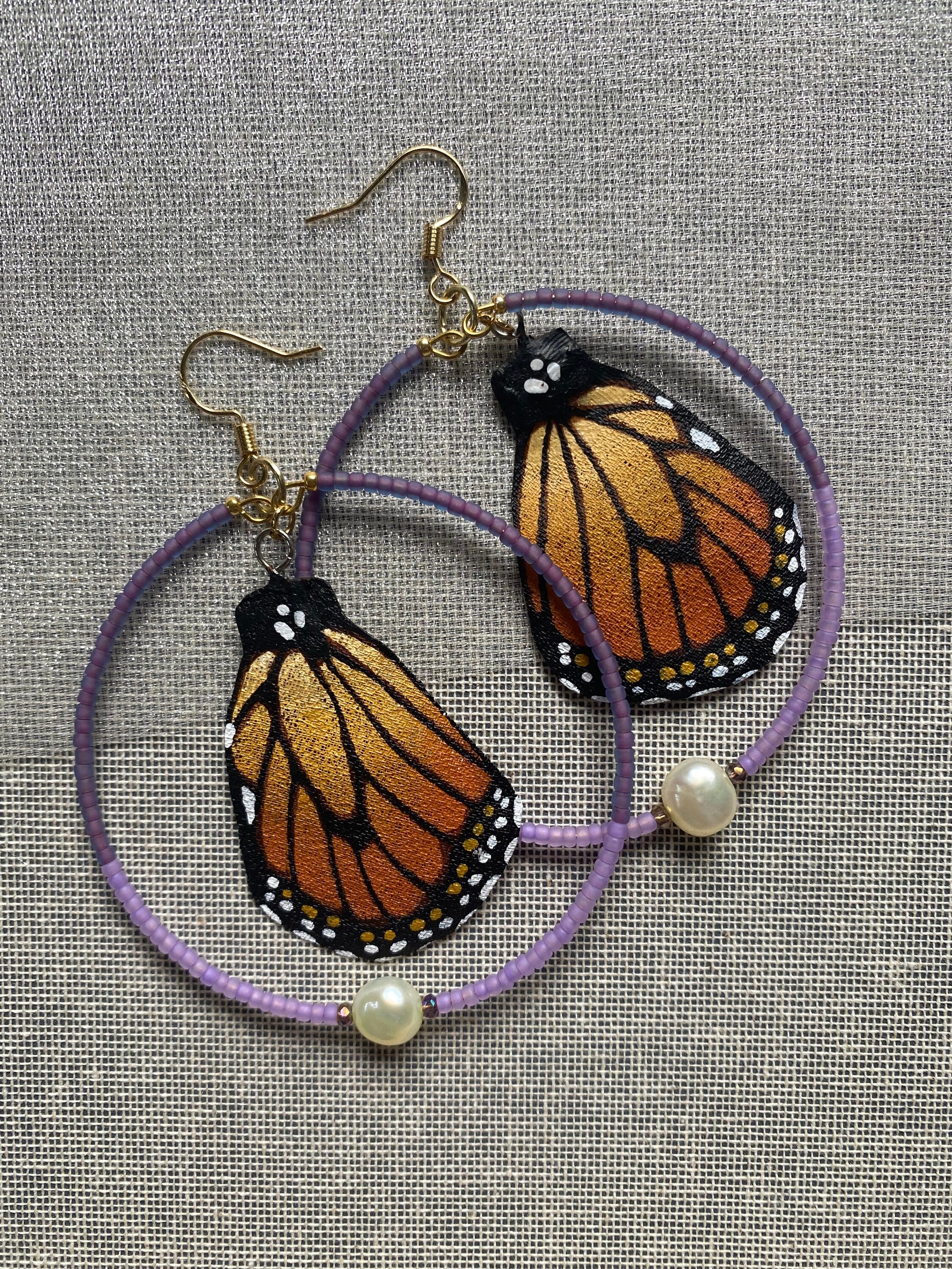 Hand Painted and Crafted Monarch Butterfly Earrings - Classic & Sophisticated beaded hoop with Pearl