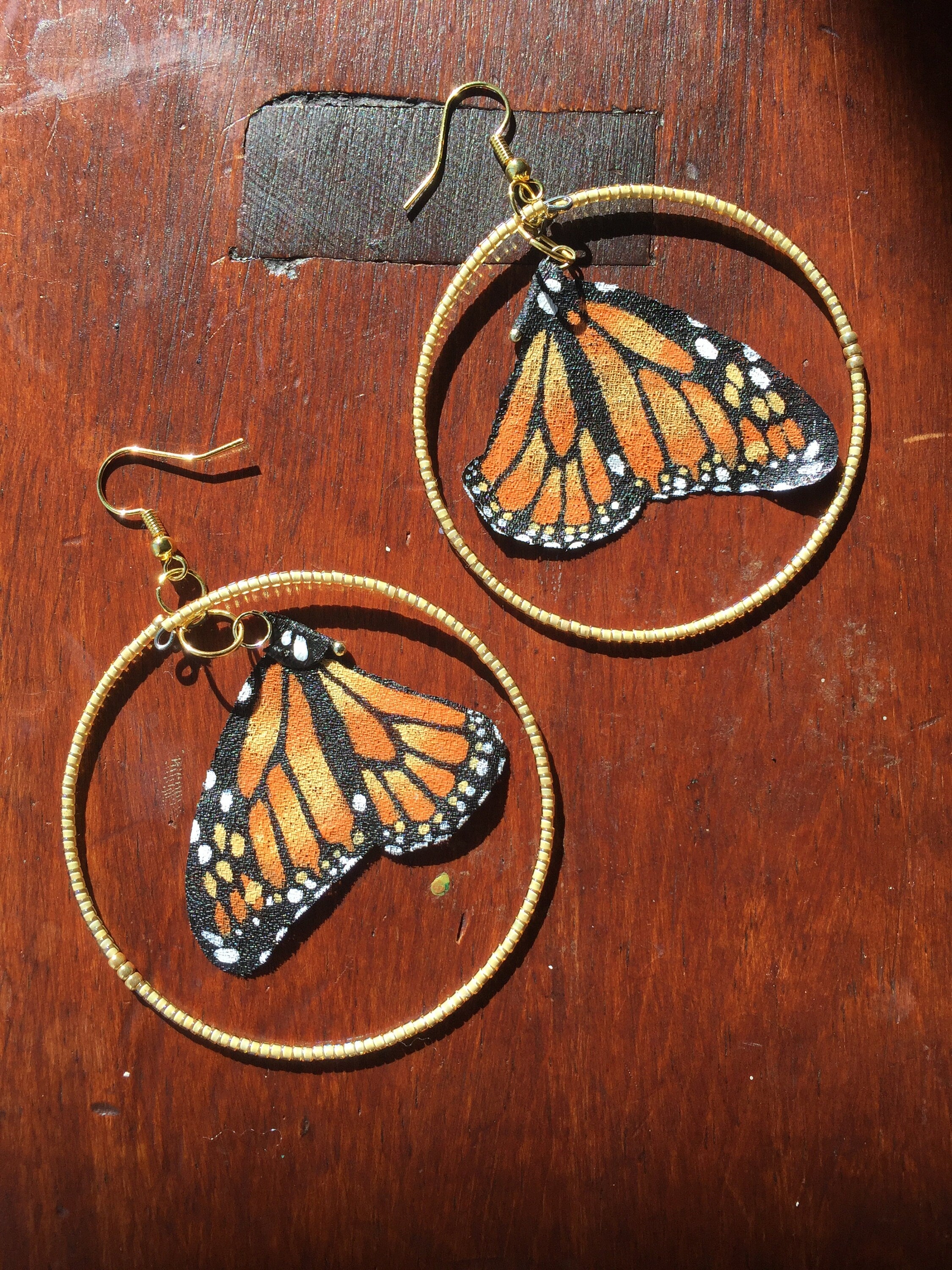 Hand Painted & Crafted Monarch Butterfly Earrings - "the Mini OG with Beaded Hoop"