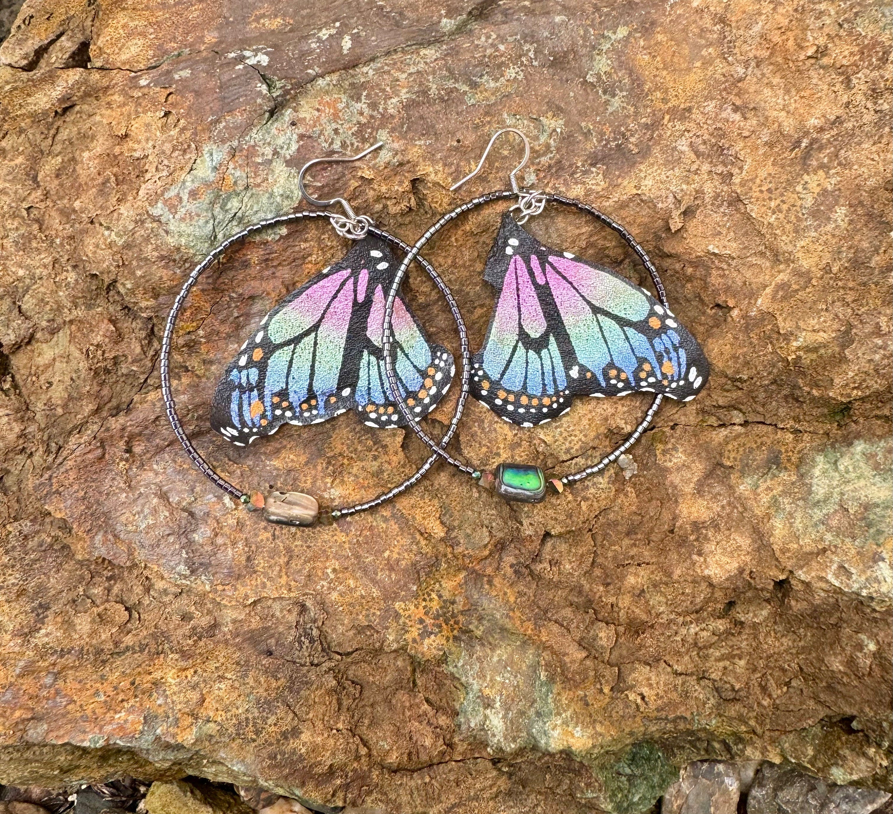 Hand Painted & Crafted Monarch Butterfly Earrings - "the Mini Abalone with Beaded Hoop and Abalone Shell"
