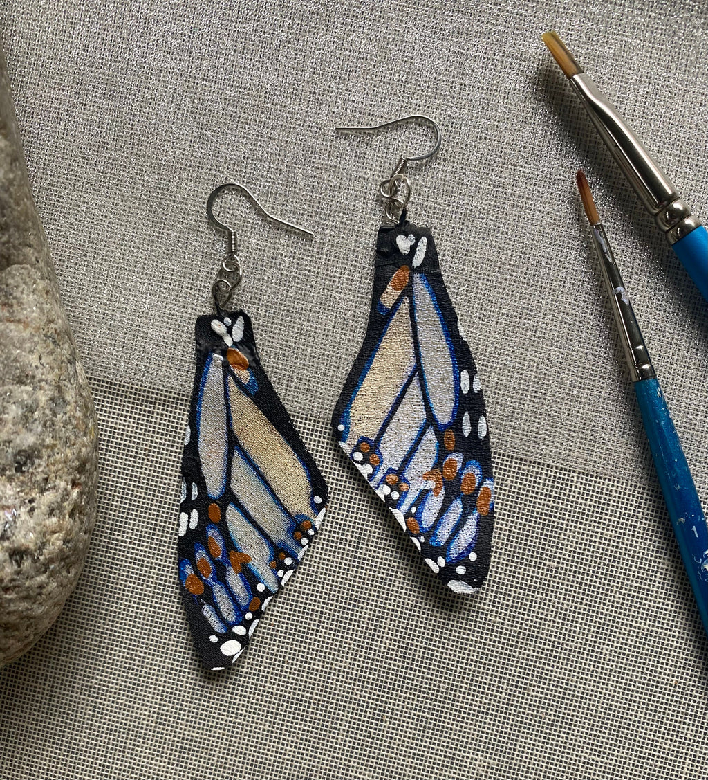 Hand Painted and Crafted Monarch Butterfly Earrings - "Classic & Sophisticated Blue/Gold Iridescent