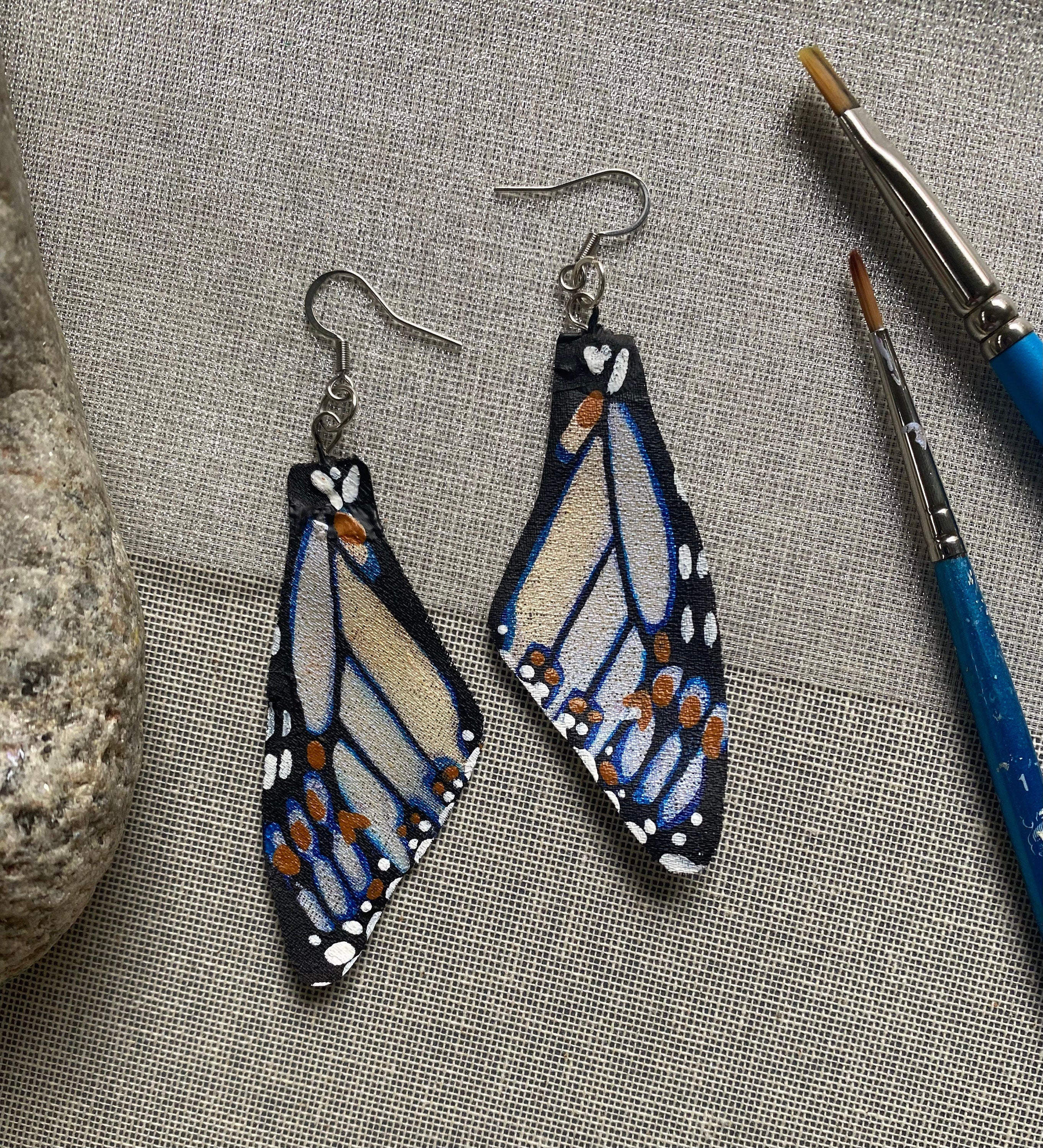 Hand Painted and Crafted Monarch Butterfly Earrings - "Classic & Sophisticated Blue/Gold Iridescent