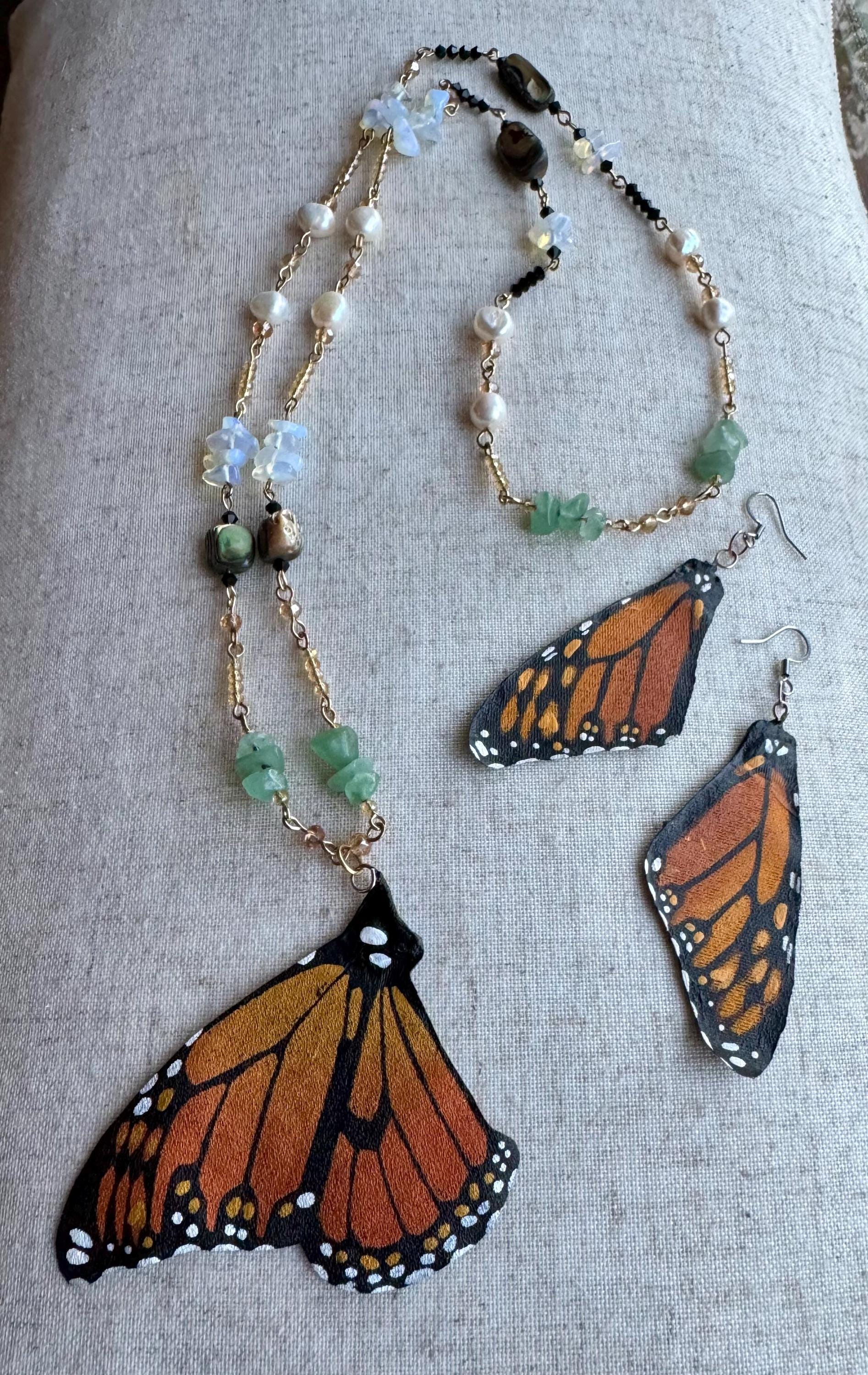 Gift Set - Necklace & Earrings .Hand Painted and Crafted Butterfly Jewelry.