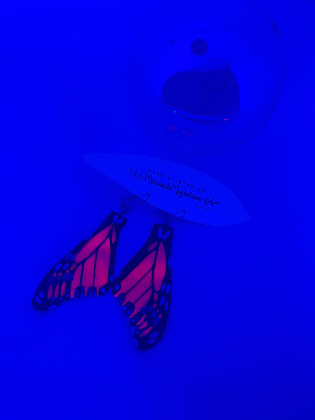 Hand Painted and Crafted Monarch Butterfly Earrings - "Classic & Sophisticated, Black light/Neon wing"