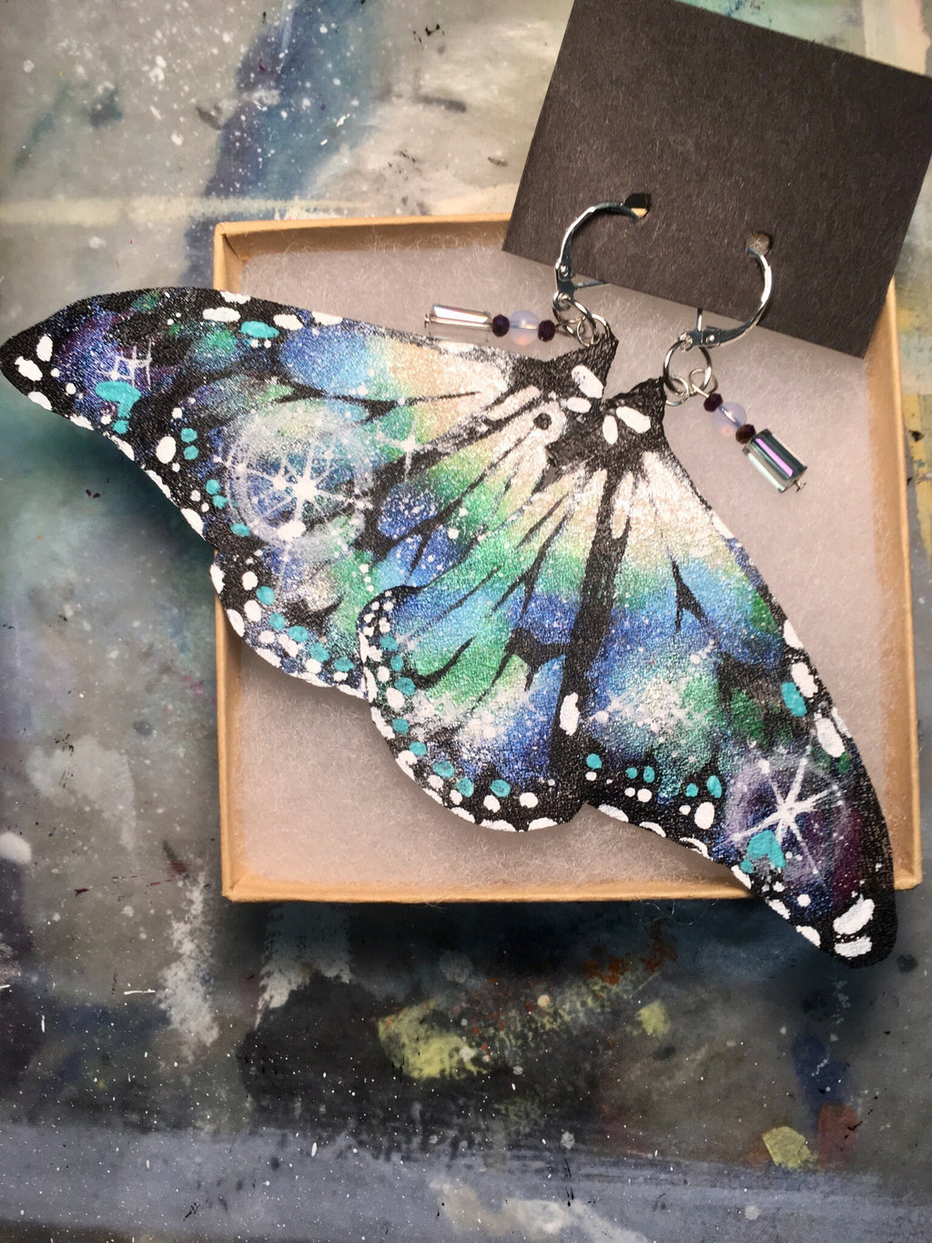 Hand Painted & Crafted Monarch Butterfly Earrings - "the Space Nebula"