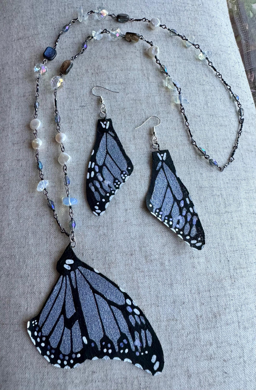 Gift Set - Necklace & Earrings .Hand Painted and Crafted Butterfly Jewelry.