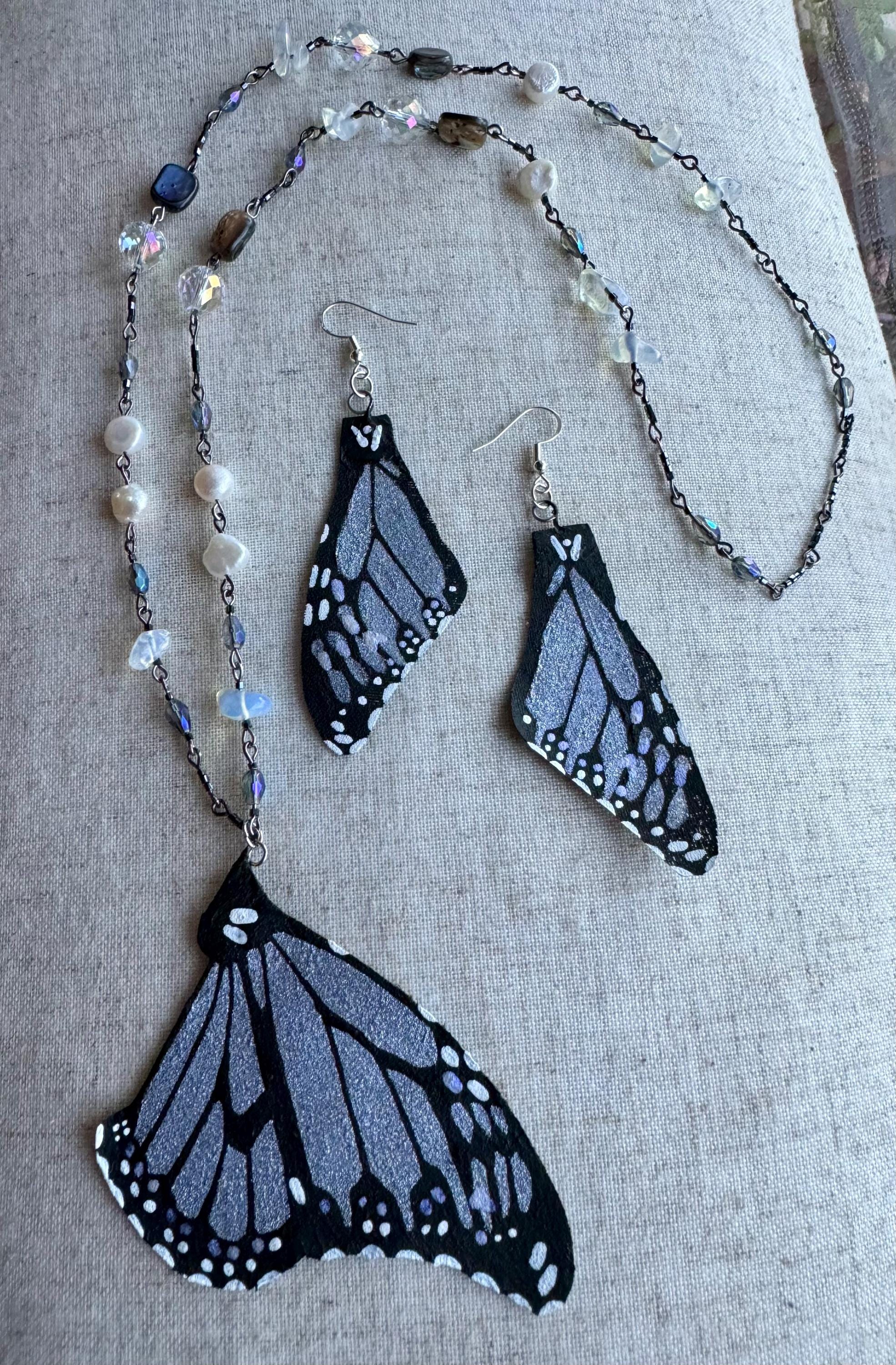 Gift Set - Necklace & Earrings .Hand Painted and Crafted Butterfly Jewelry.