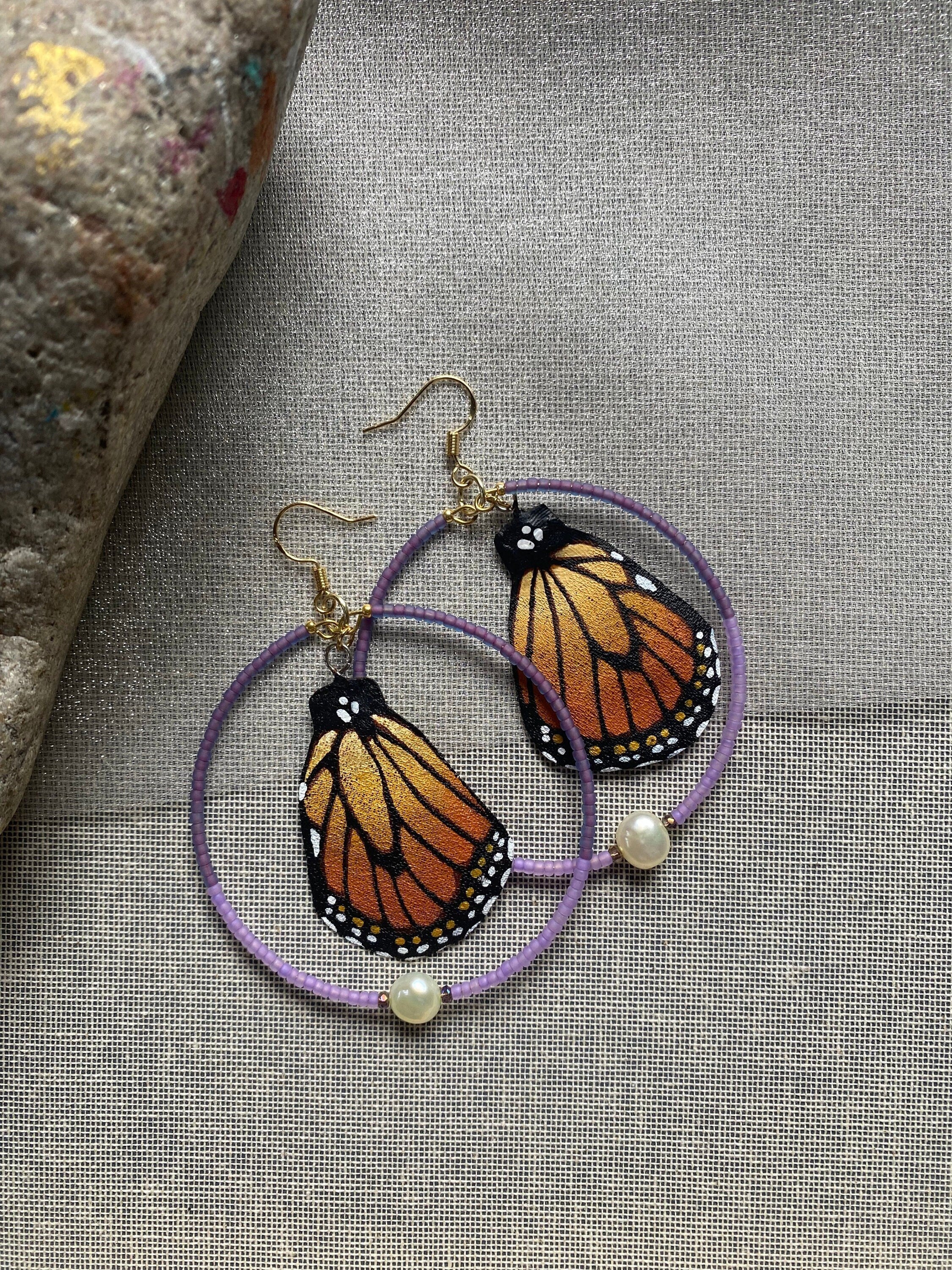 Hand Painted and Crafted Monarch Butterfly Earrings - Classic & Sophisticated beaded hoop with Pearl