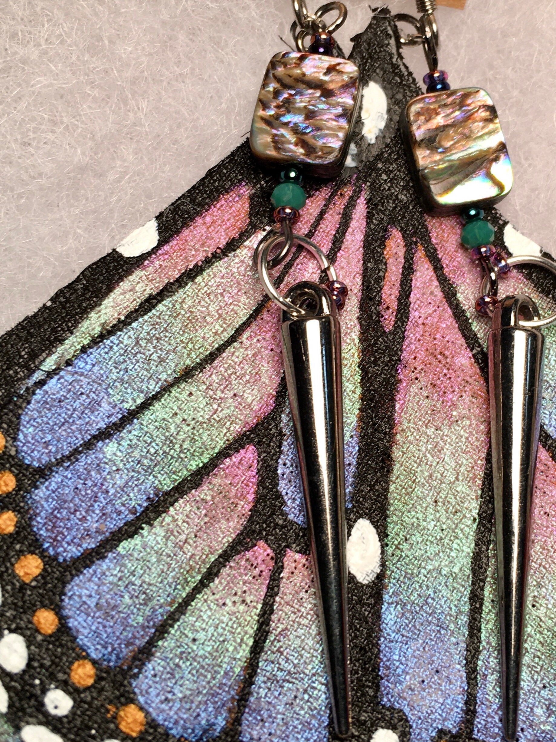 Hand Painted & Crafted Monarch Butterfly Earrings - "The Abalone wing"