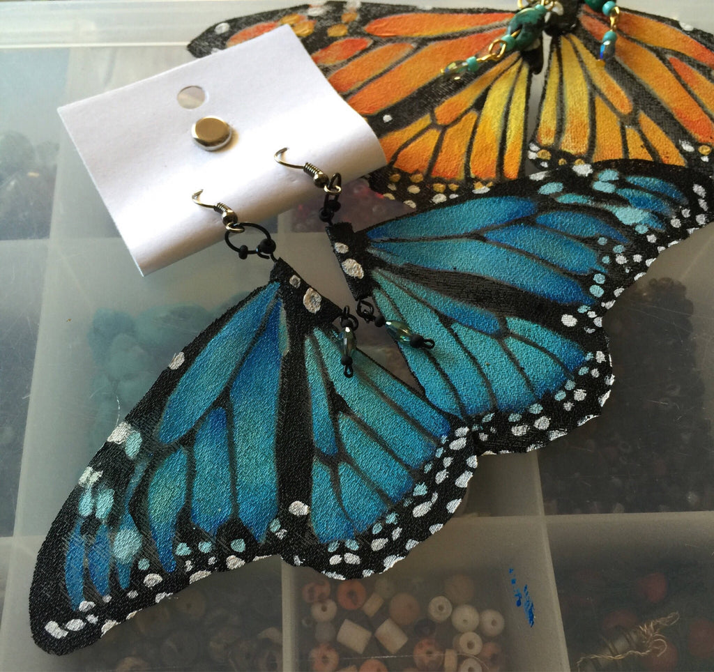 Hand Painted & Crafted Monarch Butterfly Earrings - "the Blue Hope"