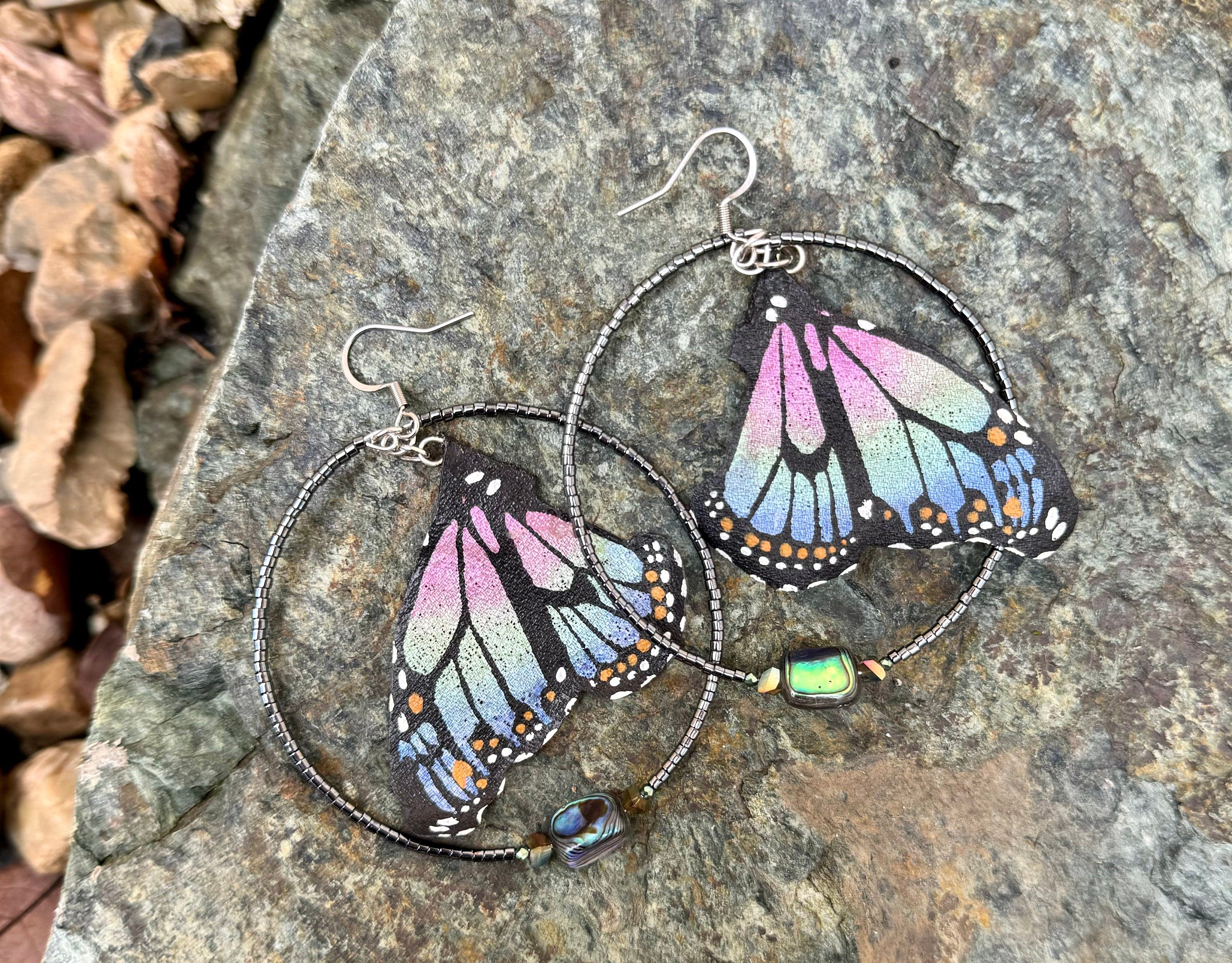 Hand Painted & Crafted Monarch Butterfly Earrings - "the Mini Abalone with Beaded Hoop and Abalone Shell"