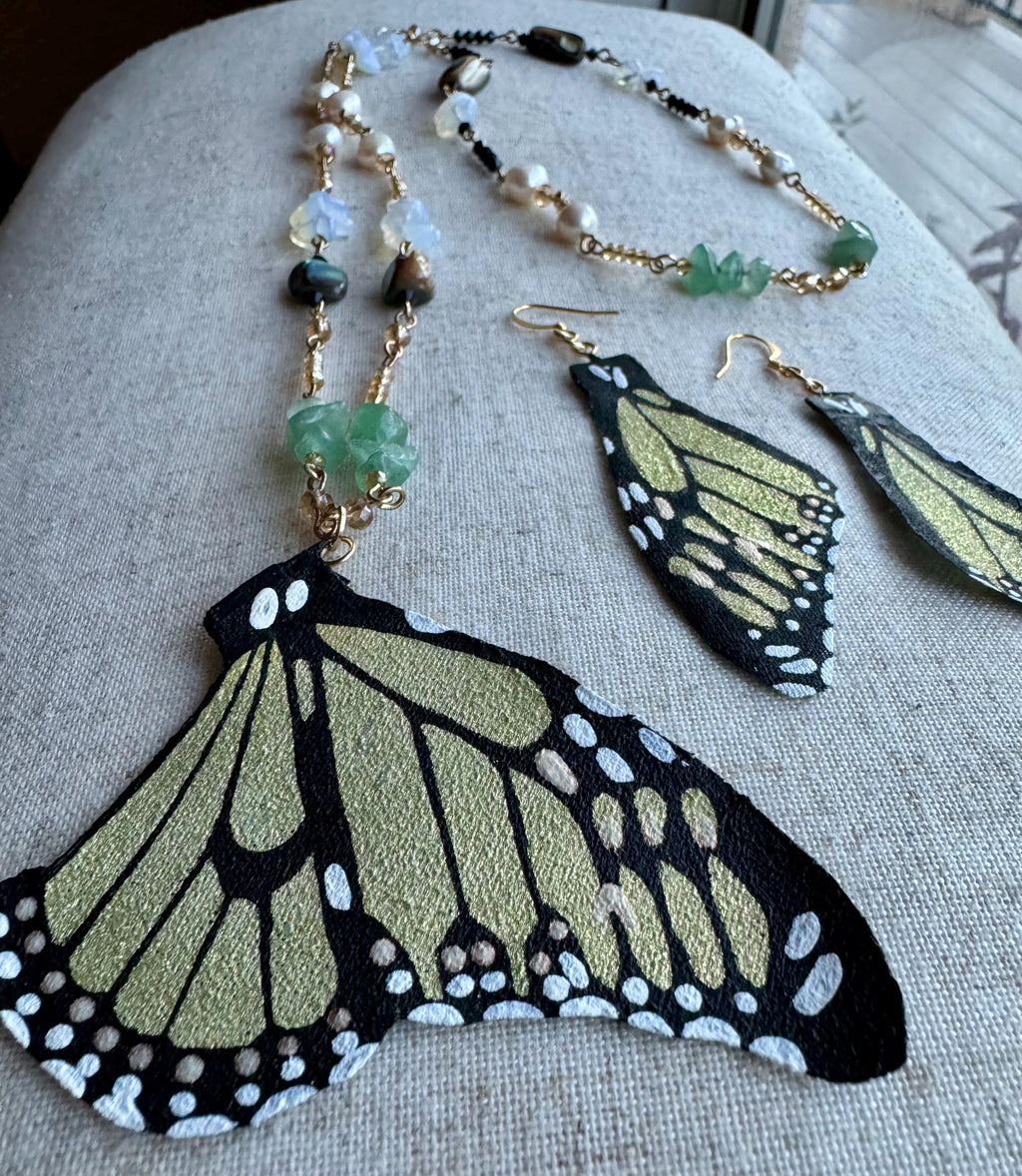 Gift Set - Necklace & Earrings .Hand Painted and Crafted Butterfly Jewelry.