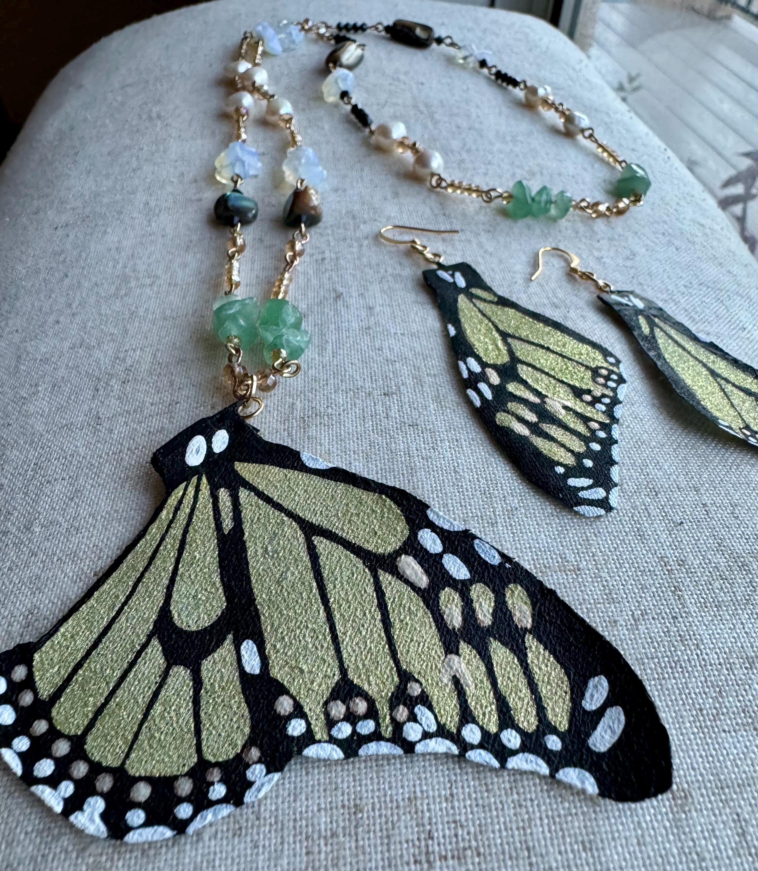 Gift Set - Necklace & Earrings .Hand Painted and Crafted Butterfly Jewelry.