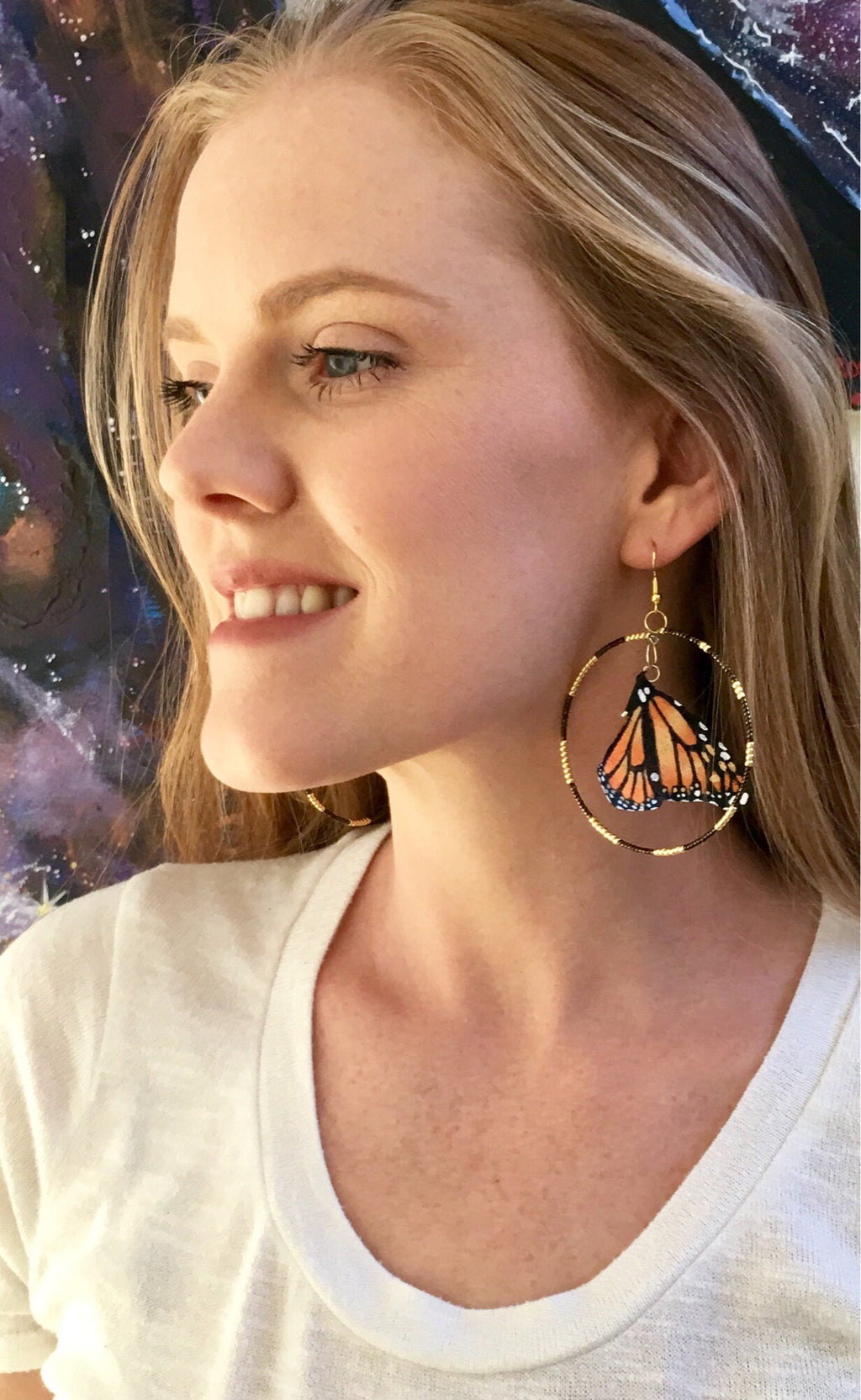 Hand Painted & Crafted Monarch Butterfly Earrings - "the Mini OG with Beaded Hoop"
