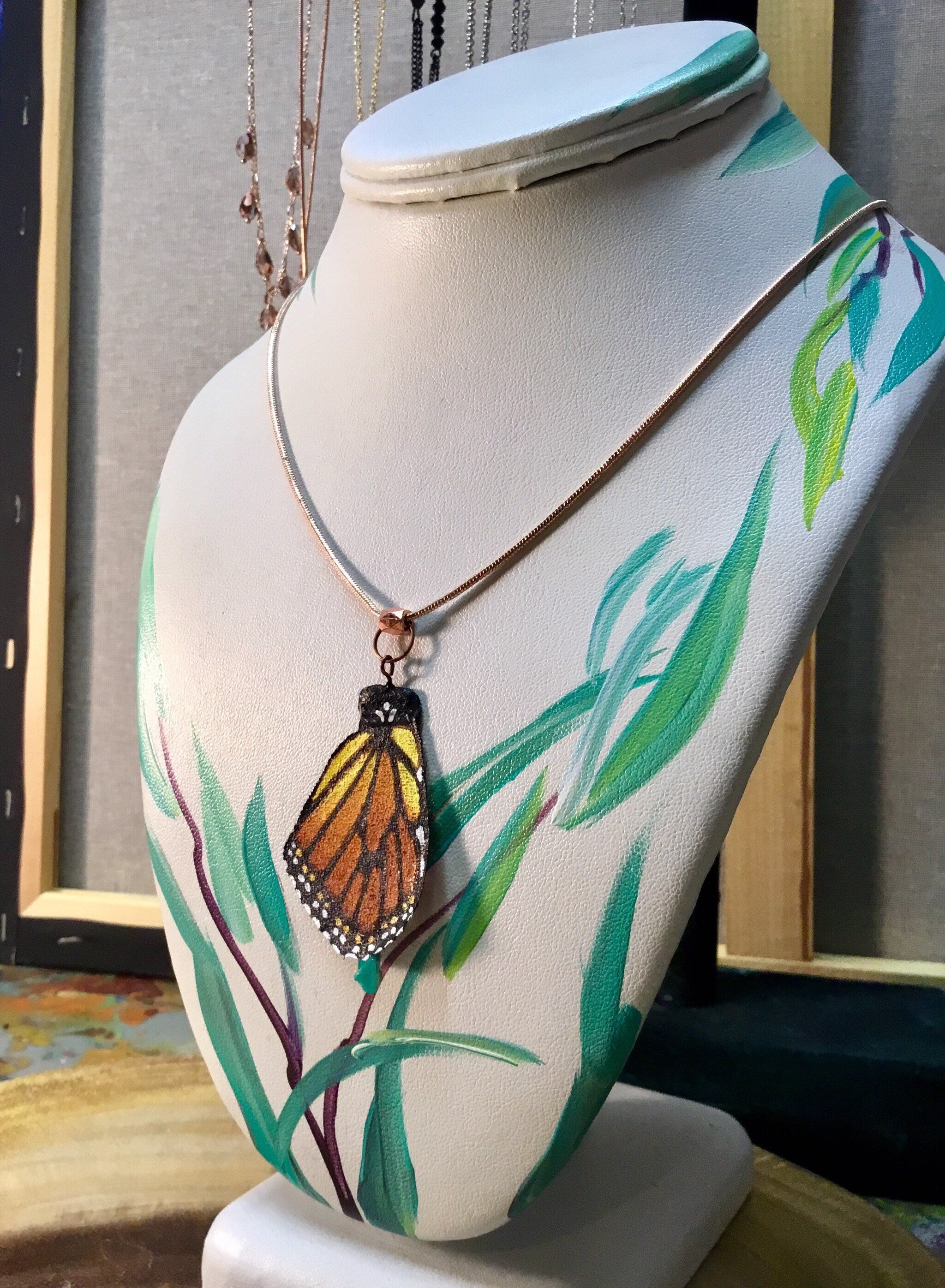 Hand Painted & Crafted Monarch Butterfly Necklace - "Pretty in Pink Bottom Wing"