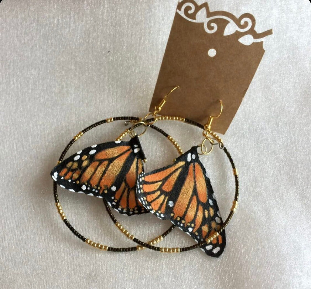 Hand Painted & Crafted Monarch Butterfly Earrings - "the Mini OG with Beaded Hoop"