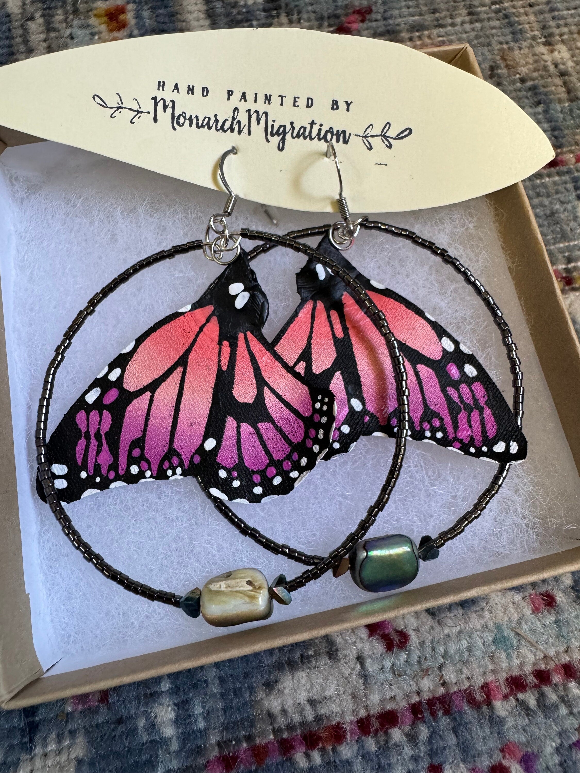 Hand Painted & Crafted Monarch Butterfly Earrings - "the Mini Isla Mujeres beaded hoop and Abalone"