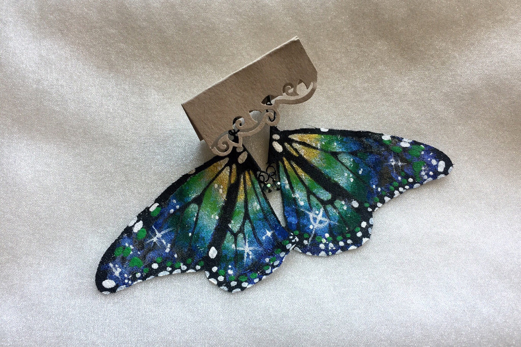 Hand Painted & Crafted Monarch Butterfly Earrings - "the Space Nebula"
