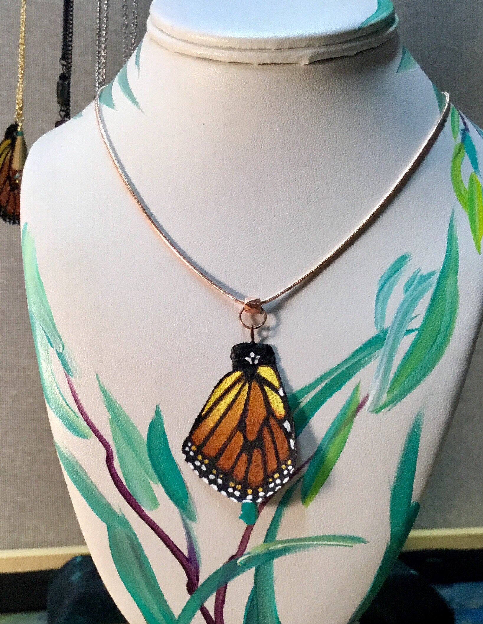 Hand Painted & Crafted Monarch Butterfly Necklace - "Pretty in Pink Bottom Wing"