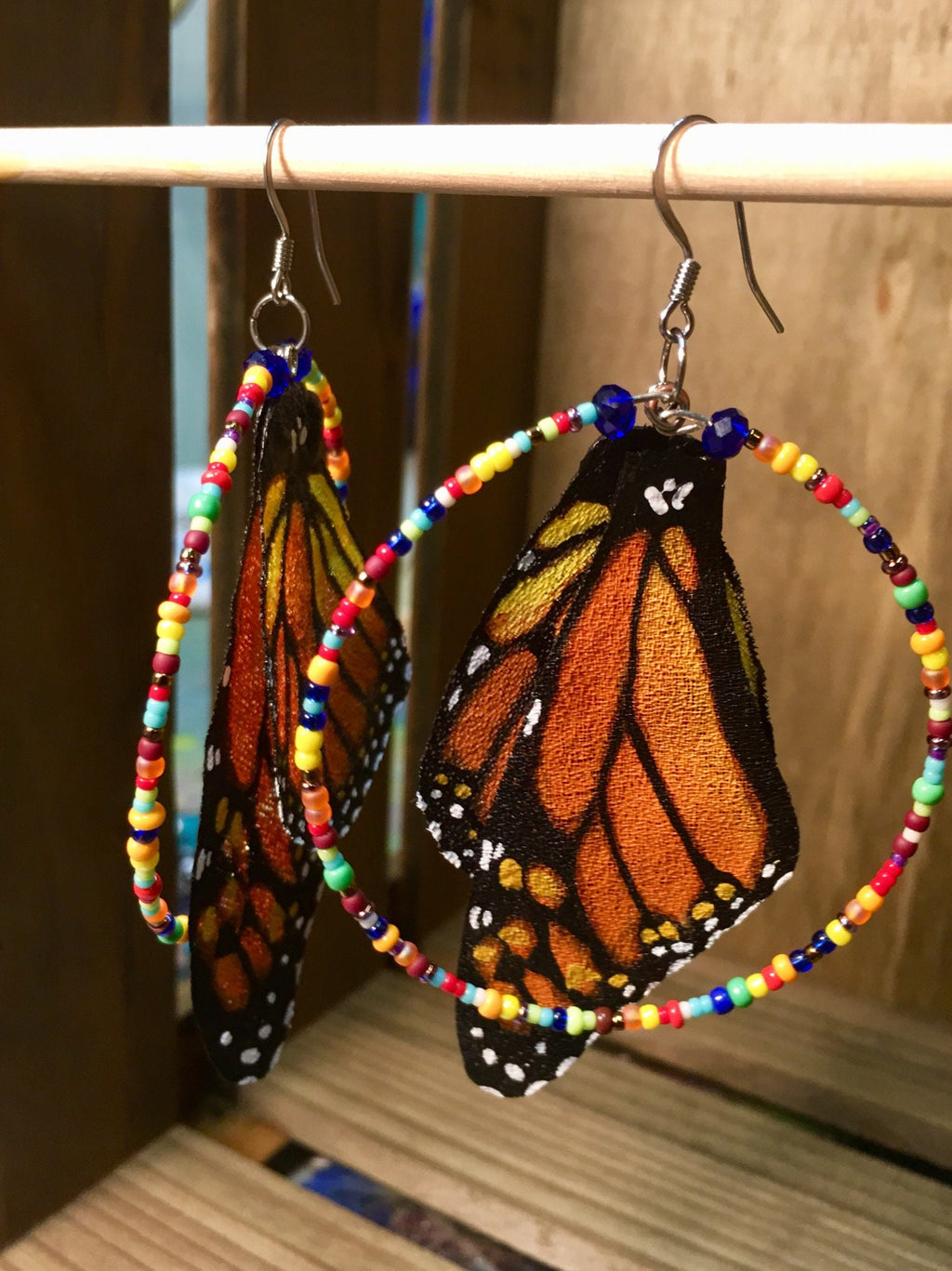 Hand Painted and Crafted Monarch Butterfly Earrings - Classic & Sophisticated with Multi- Color Beaded Hoops