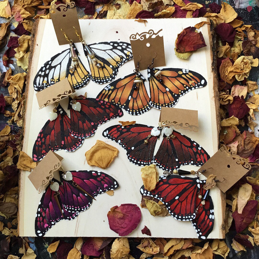 Hand Painted & Crafted Monarch Butterfly Earrings - "The Red Wing"