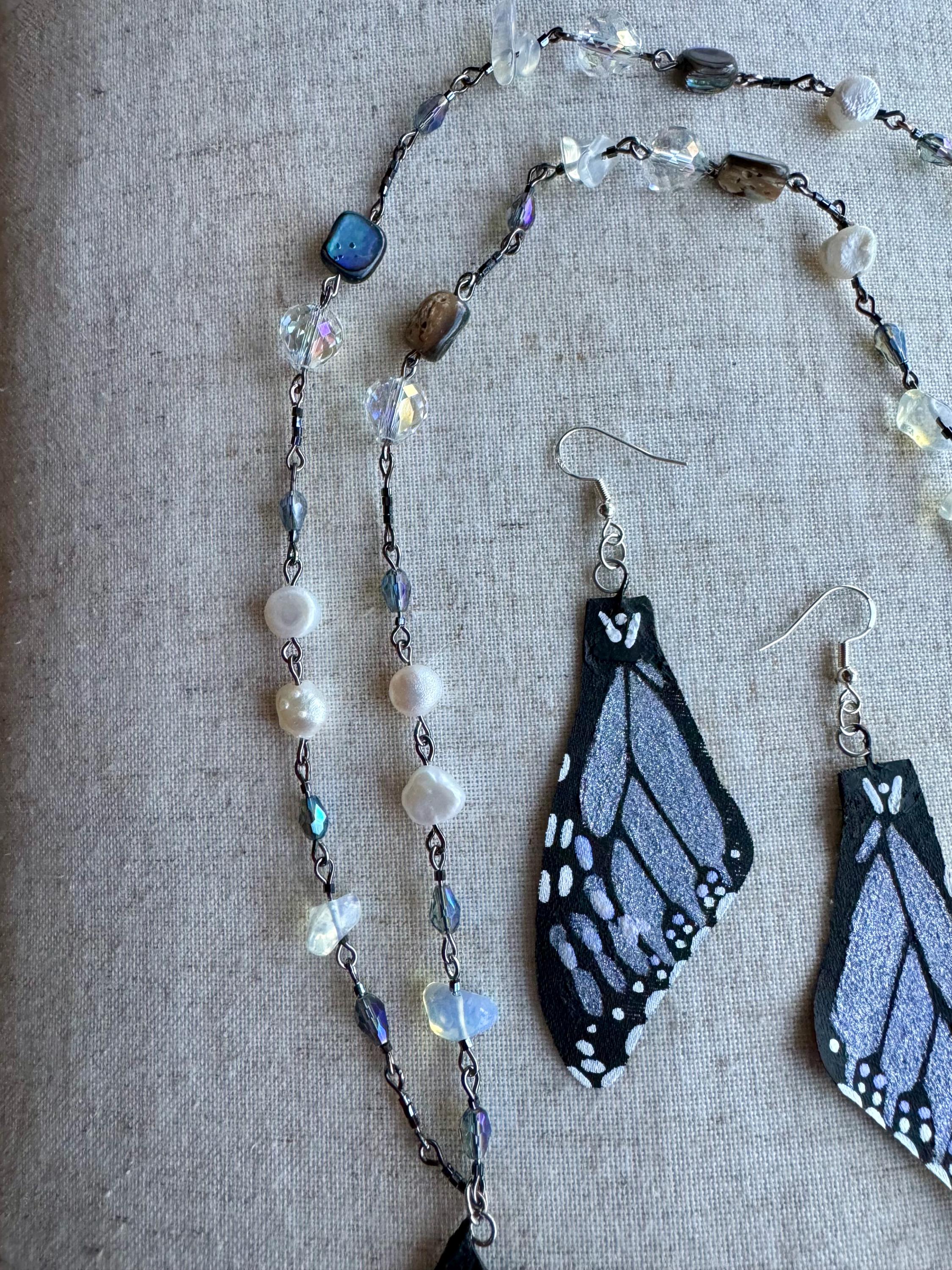 Gift Set - Necklace & Earrings .Hand Painted and Crafted Butterfly Jewelry.