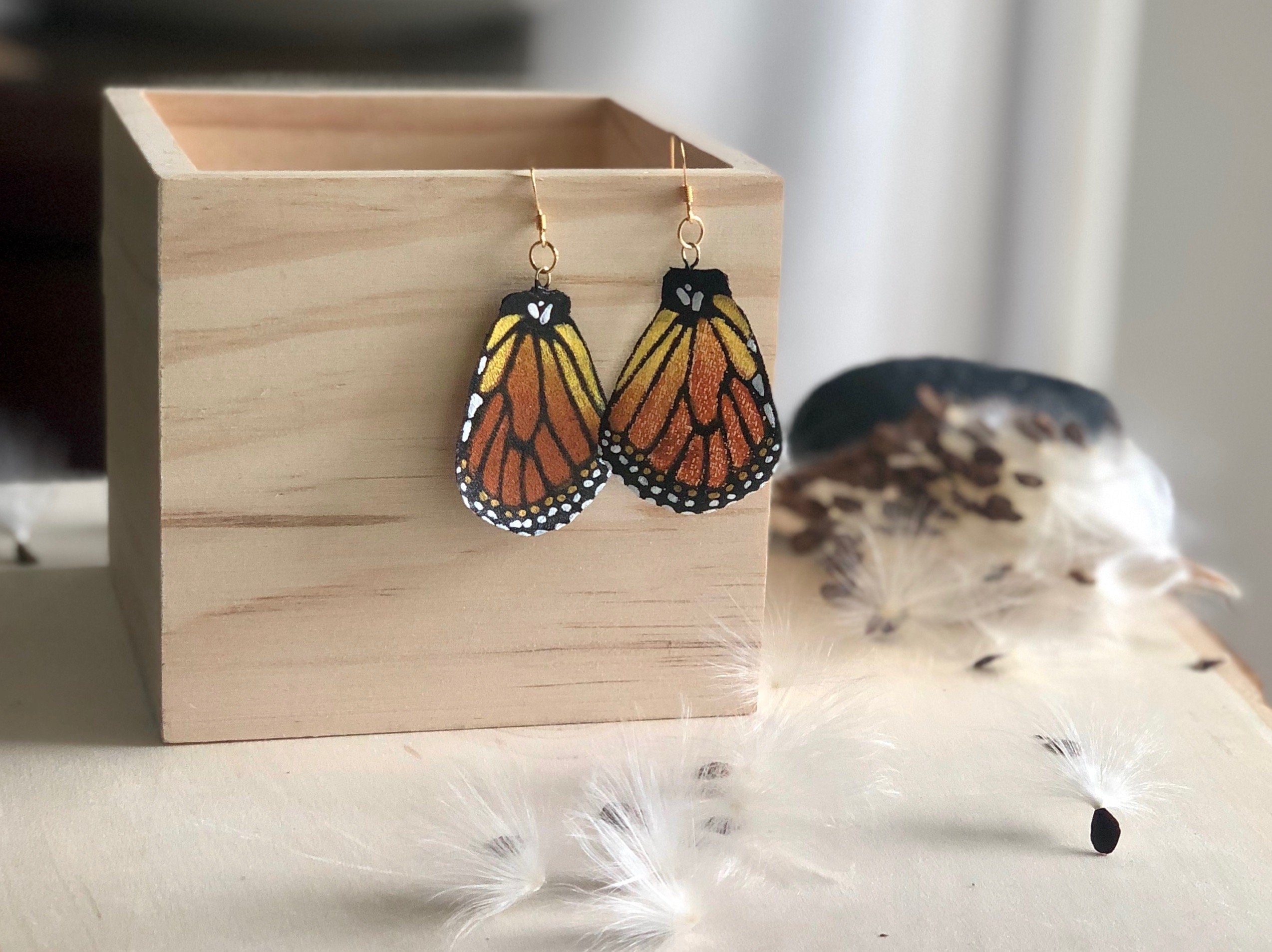Hand Painted and Crafted Monarch Butterfly Earrings - "Classic & Sophisticated Bottom Monarch Wing"