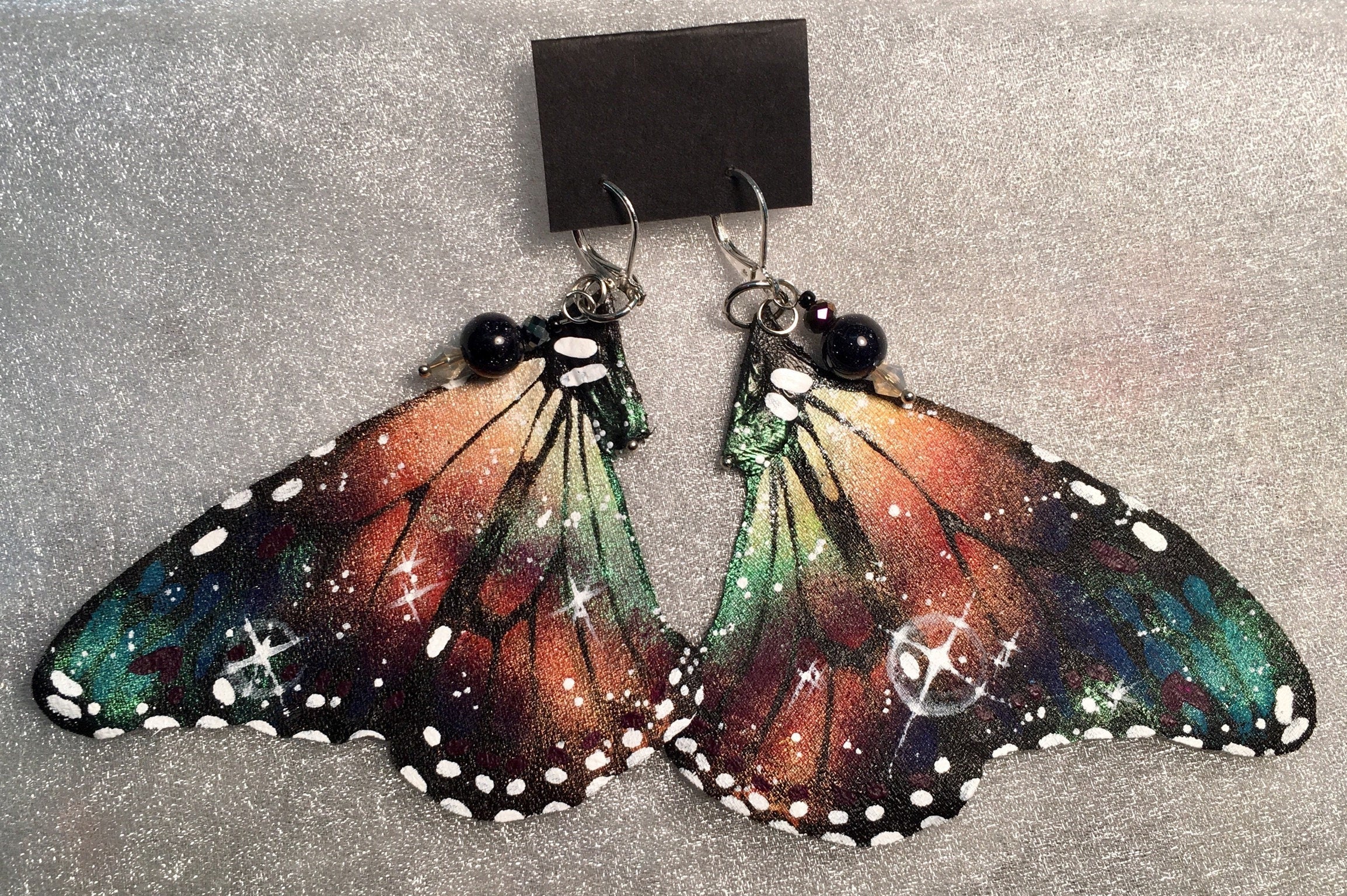 Hand Painted & Crafted Monarch Butterfly Earrings - "the Space Nebula"