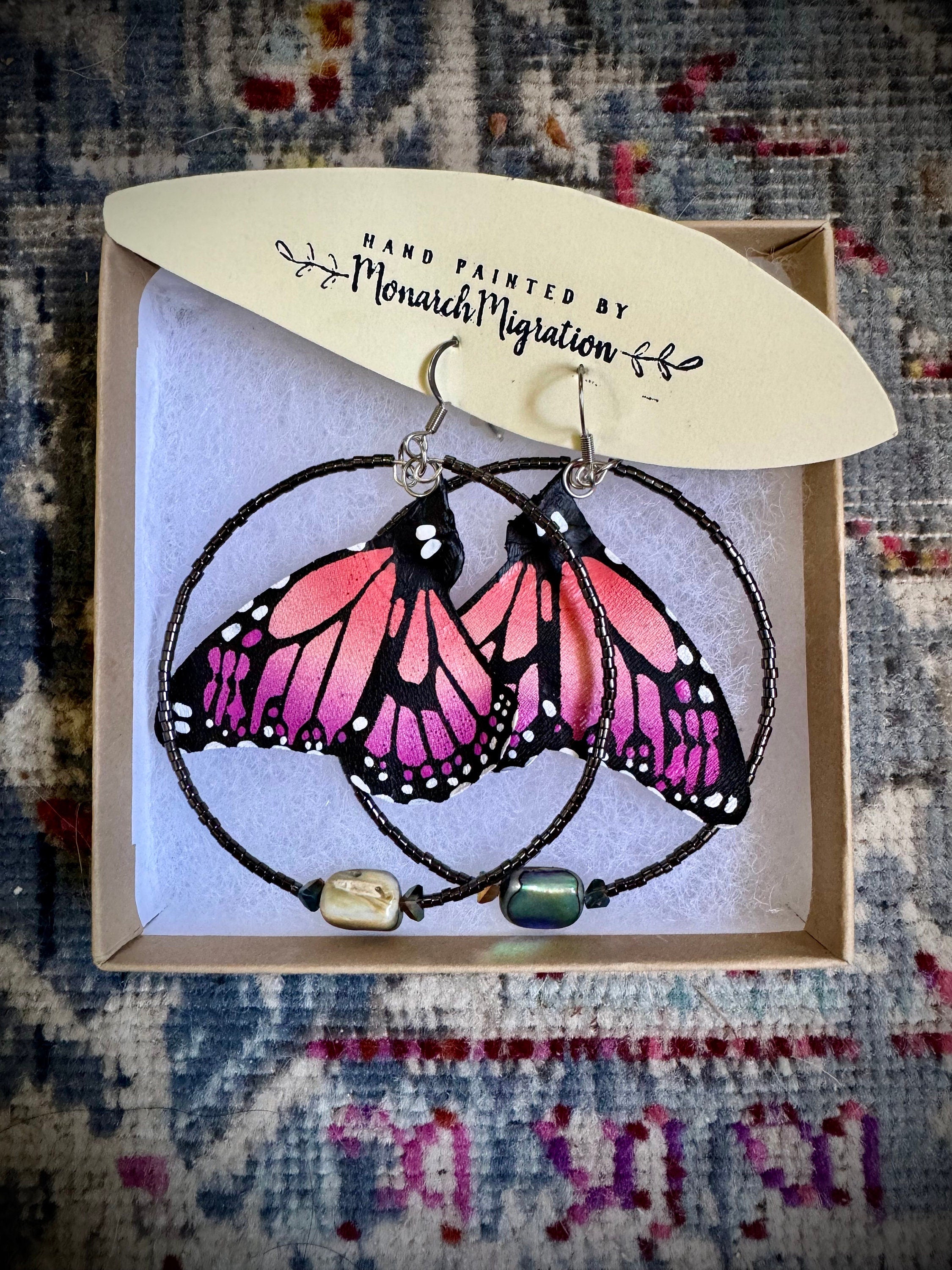 Hand Painted & Crafted Monarch Butterfly Earrings - "the Mini Isla Mujeres beaded hoop and Abalone"