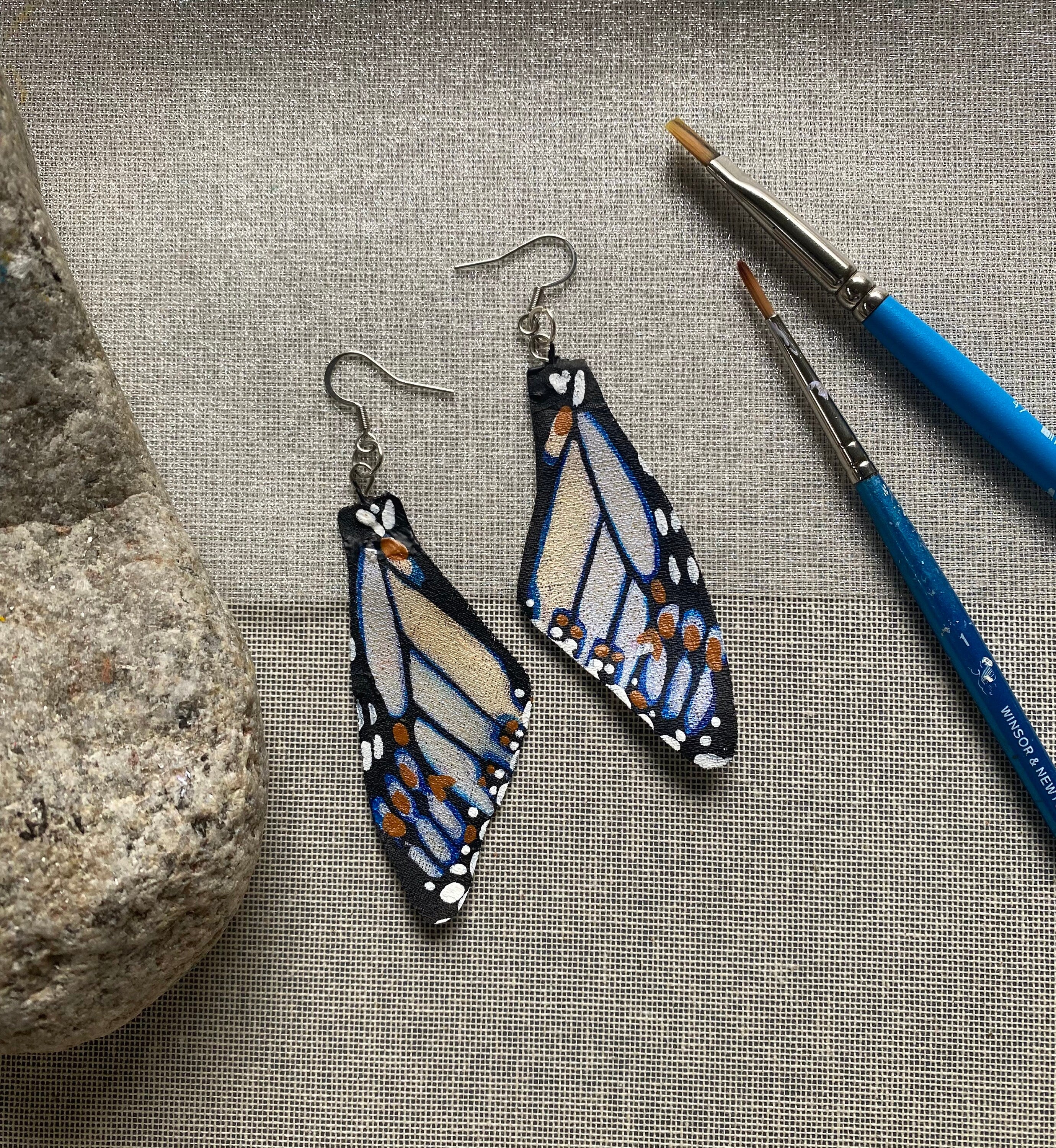 Hand Painted and Crafted Monarch Butterfly Earrings - "Classic & Sophisticated Blue/Gold Iridescent