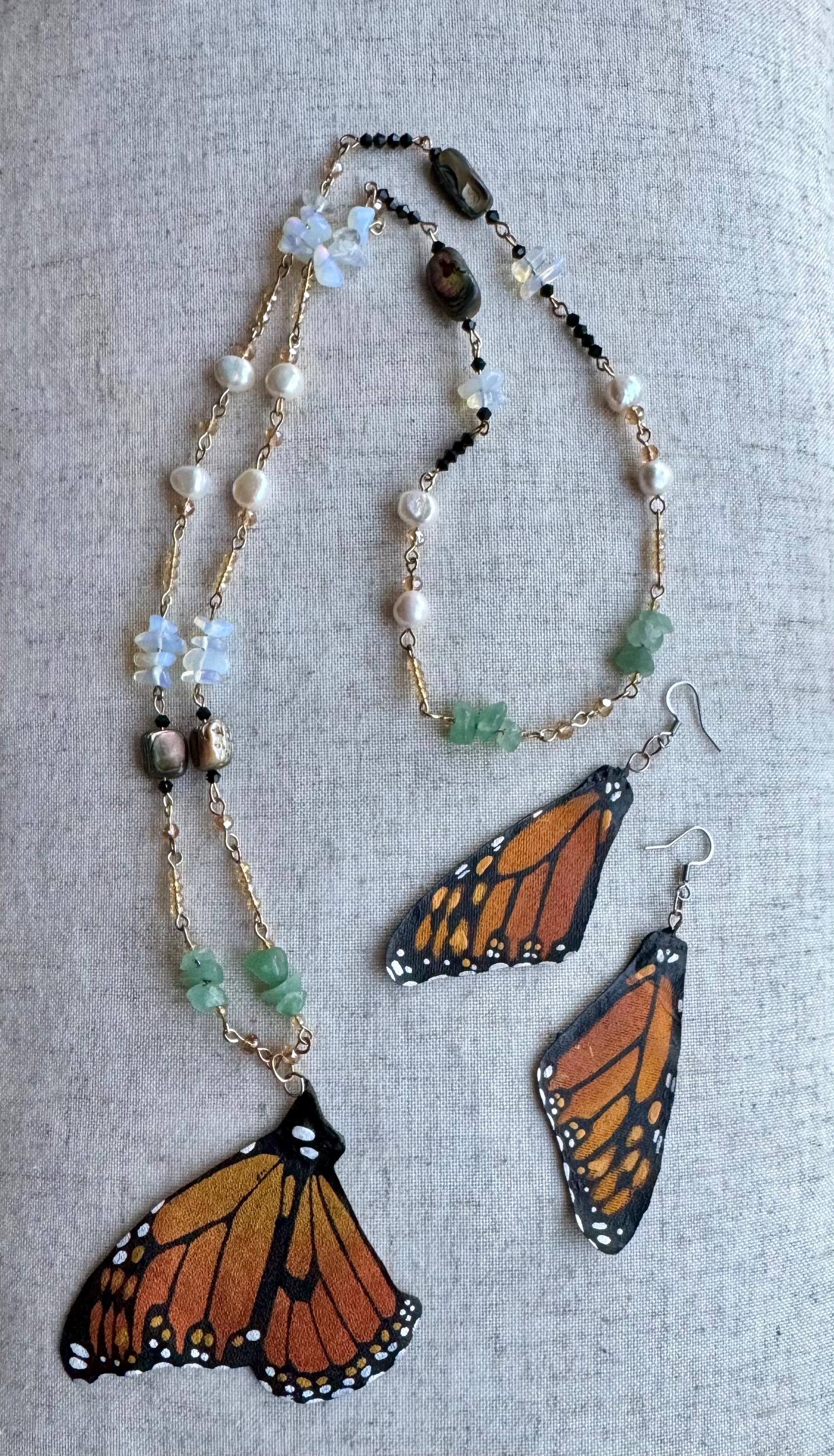 Gift Set - Necklace & Earrings .Hand Painted and Crafted Butterfly Jewelry.